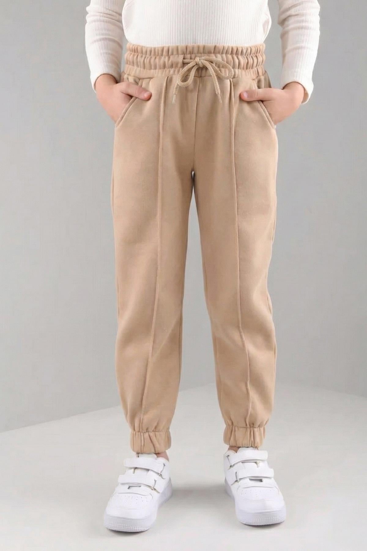 Lastikli İçi Polarlı Cepli Rahat Unisex Çocuk Eşofman Altı Taş