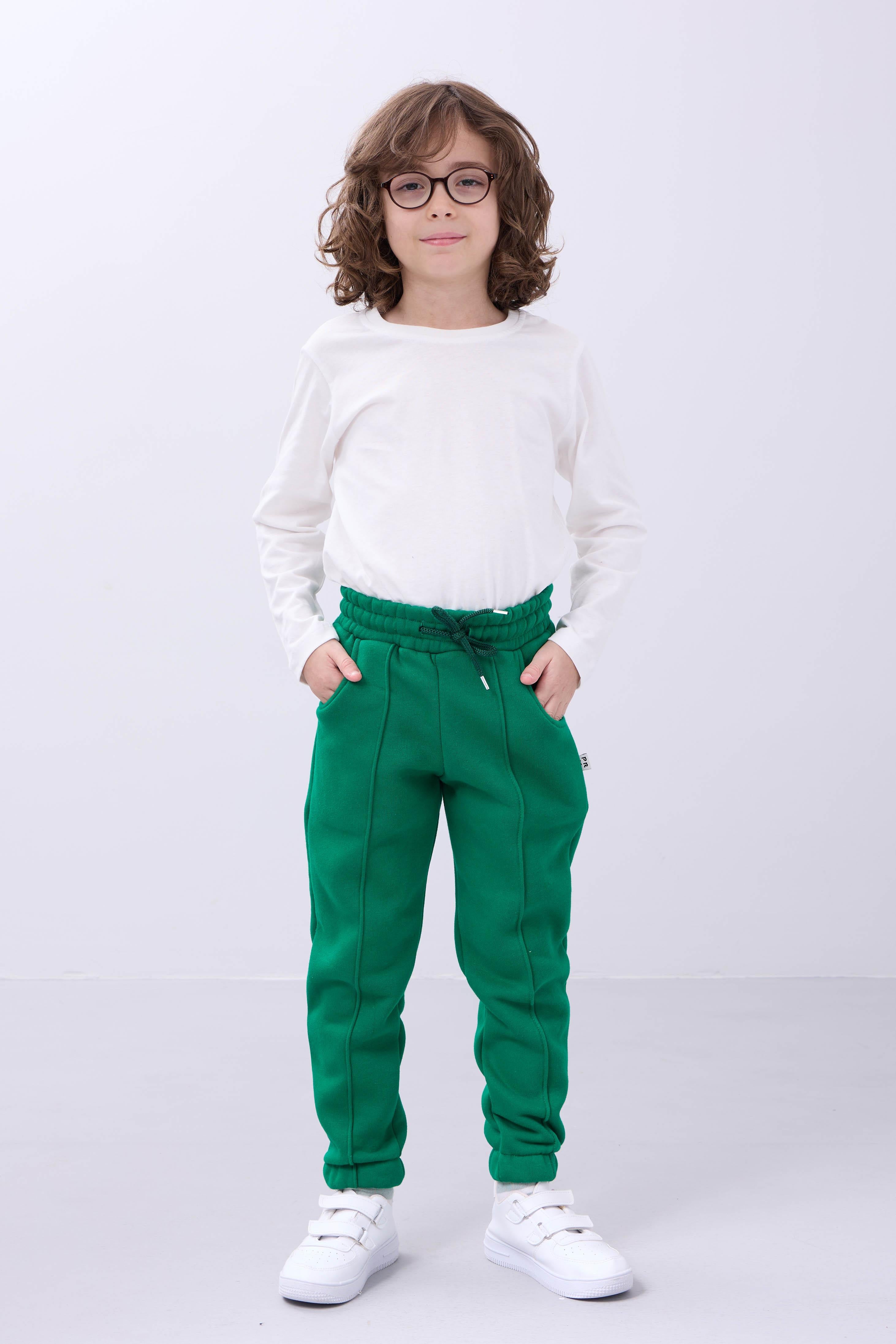Lastikli İçi Polarlı Cepli Rahat Unisex Çocuk Eşofman Altı Yeşil