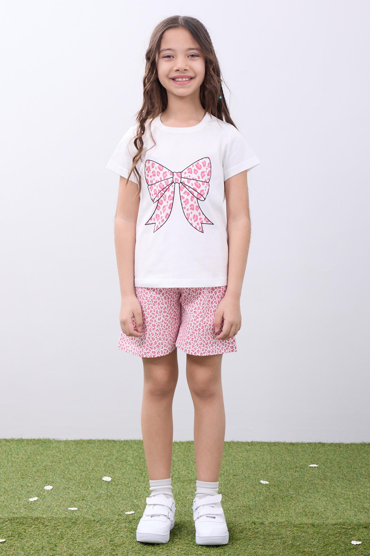 Kız Çocuk Leopar Desenli Fiyonk Baskılı Şortlu Takım