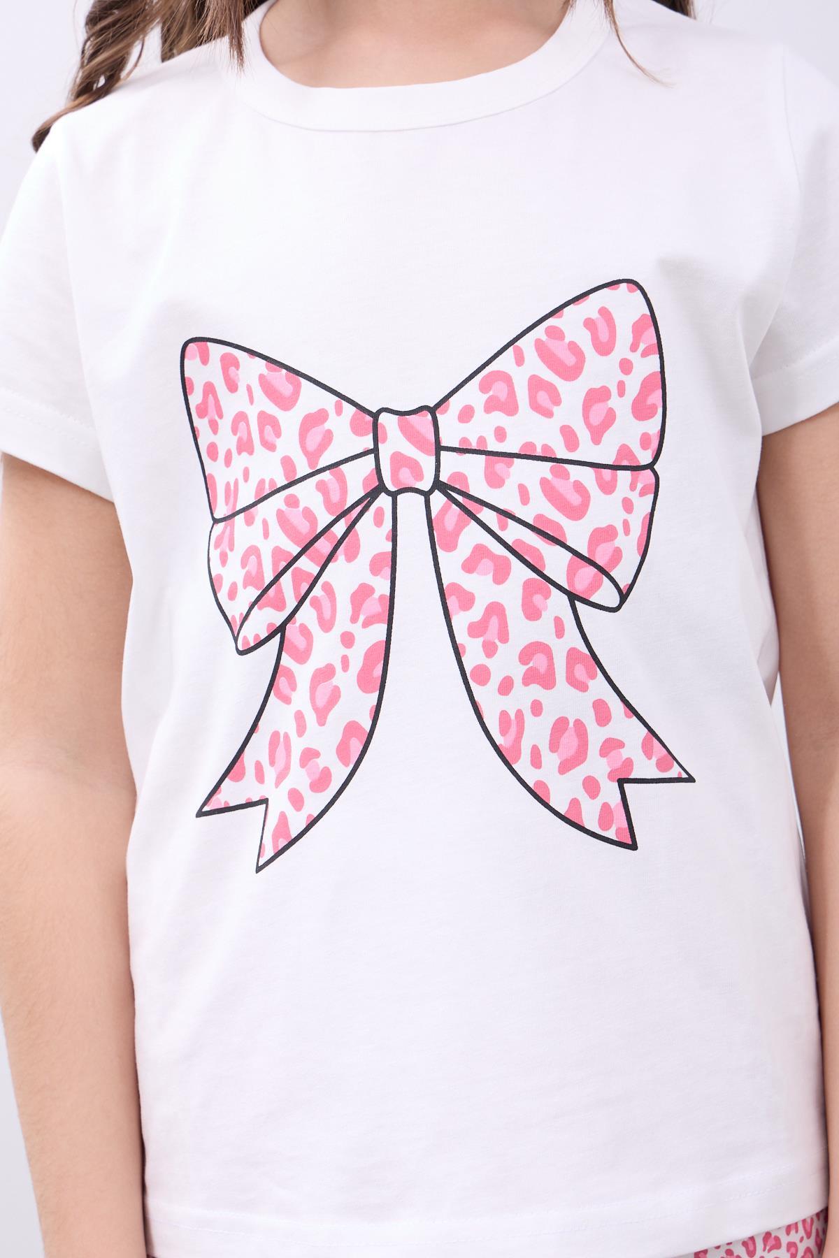 Kız Çocuk Leopar Desenli Fiyonk Baskılı Şortlu Takım