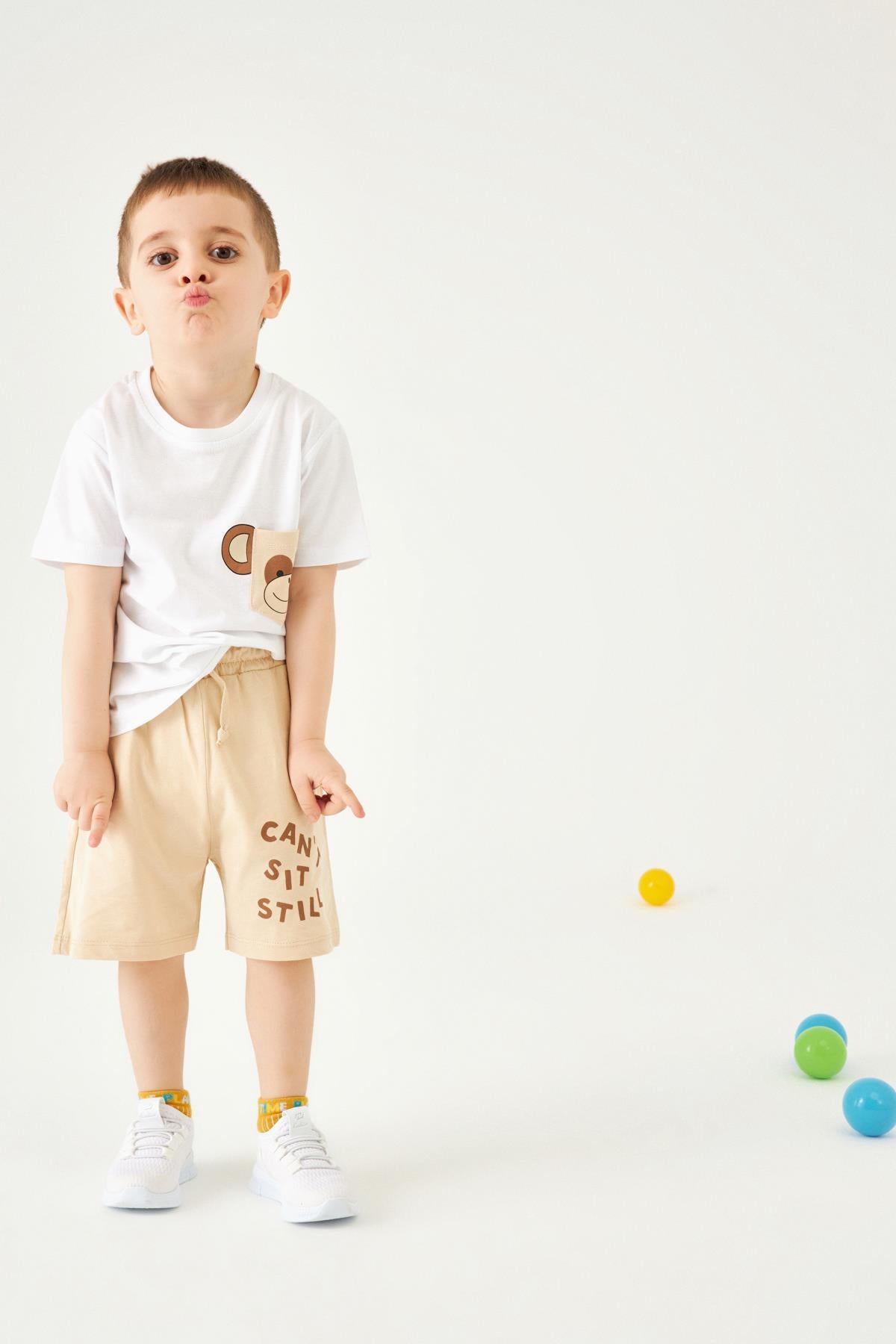 Maymun Cep Detaylı Şortlu Erkek Çocuk Takım