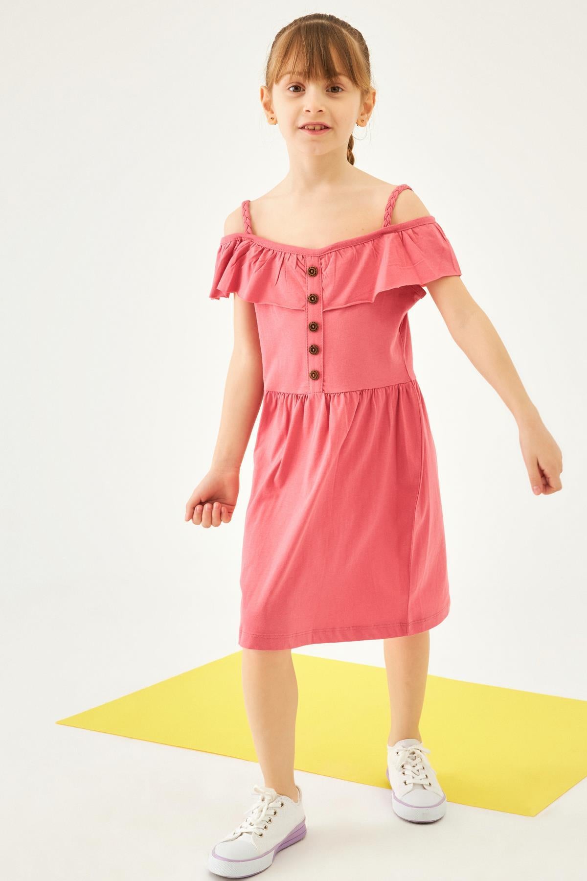 Örme Askılı Düğmeli Kız Çocuk Elbise
