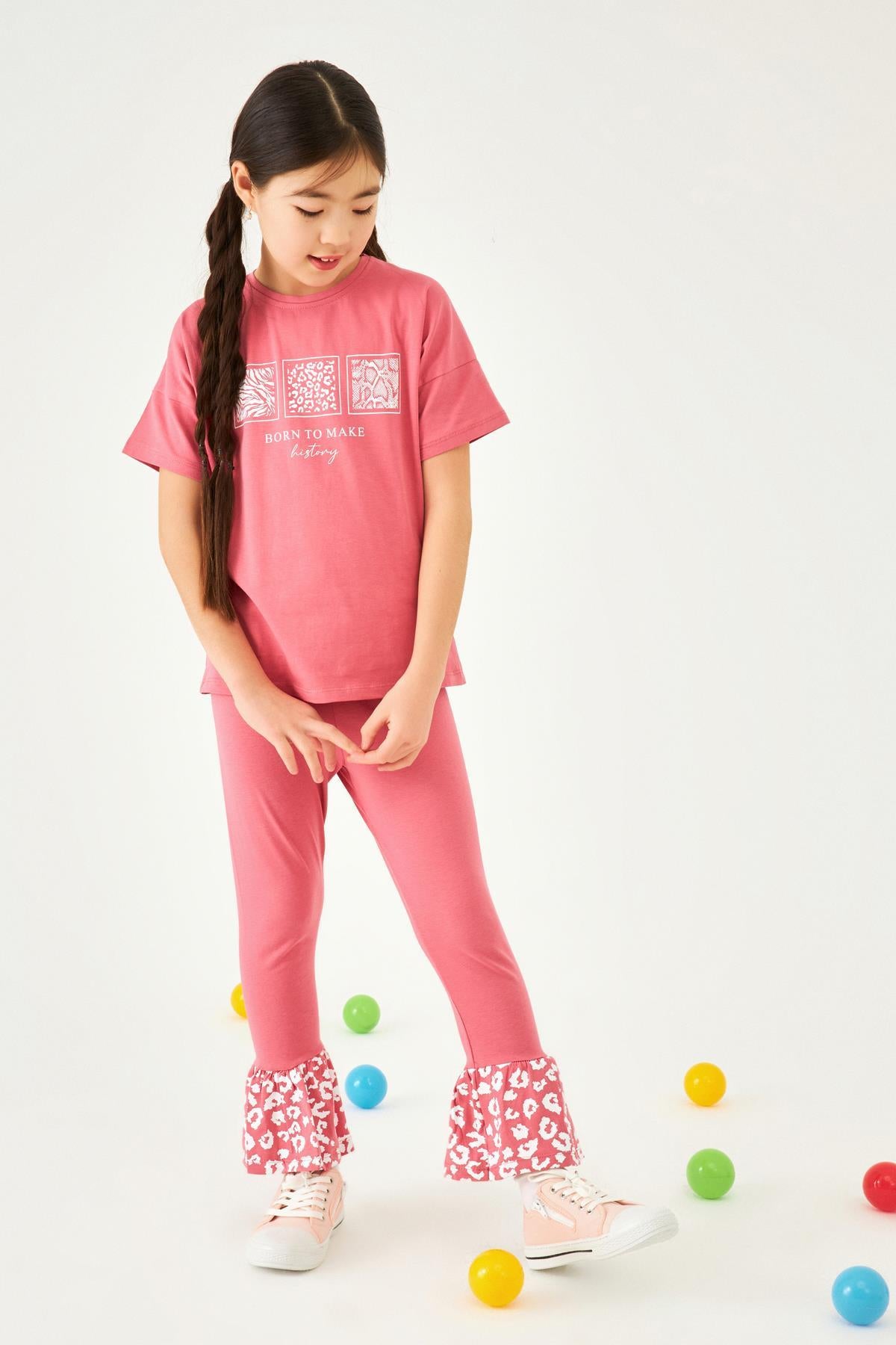 Paçası Fırfırlı Baskılı Kız Çocuk Taytlı Takım