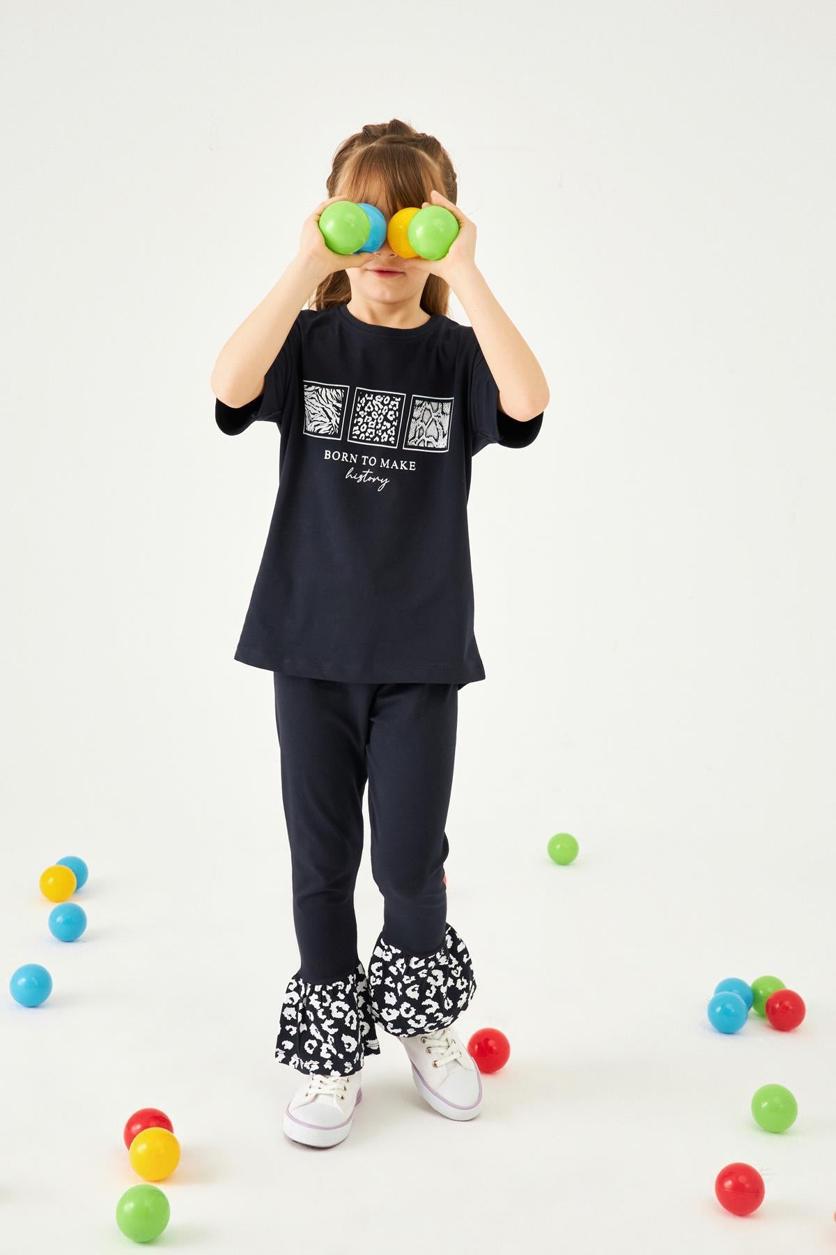 Paçası Fırfırlı Baskılı Kız Çocuk Taytlı Takım