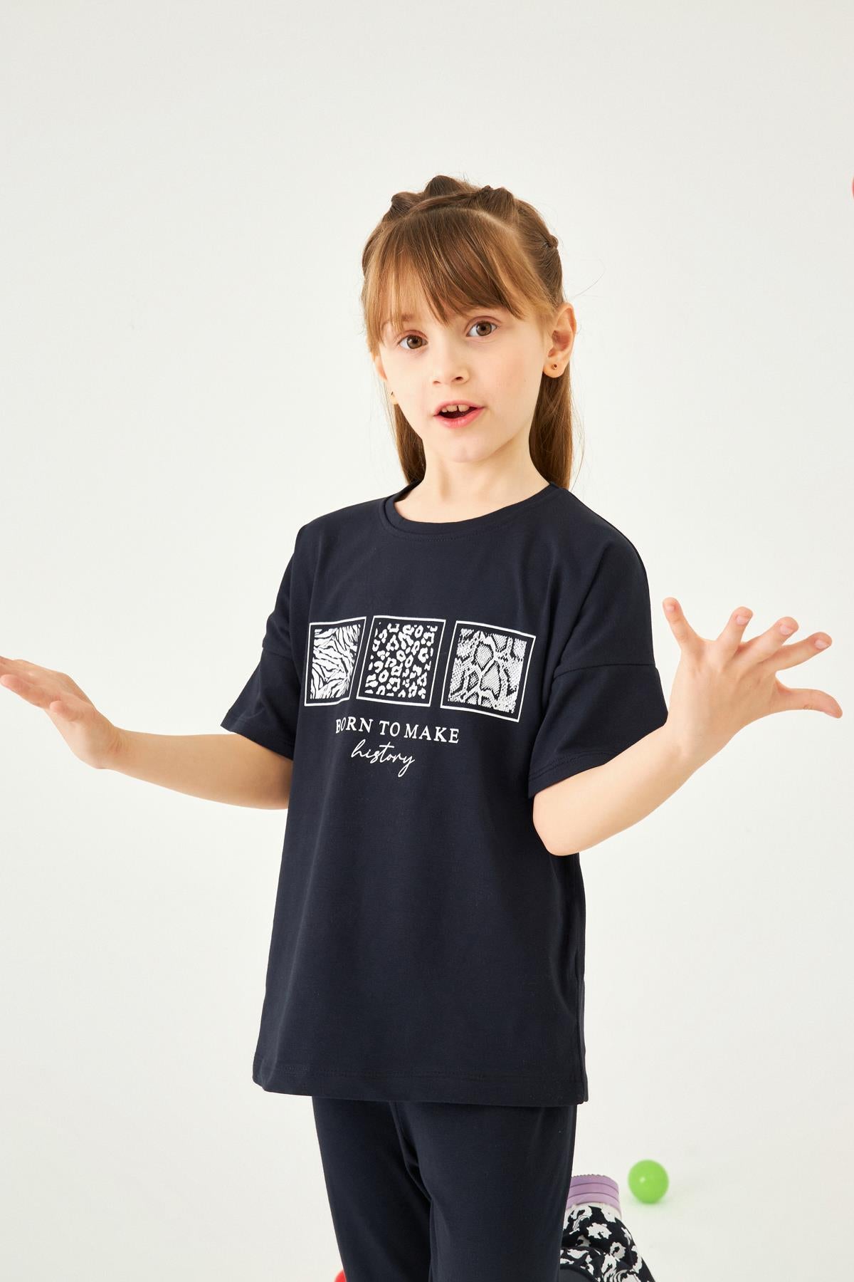 Paçası Fırfırlı Baskılı Kız Çocuk Taytlı Takım