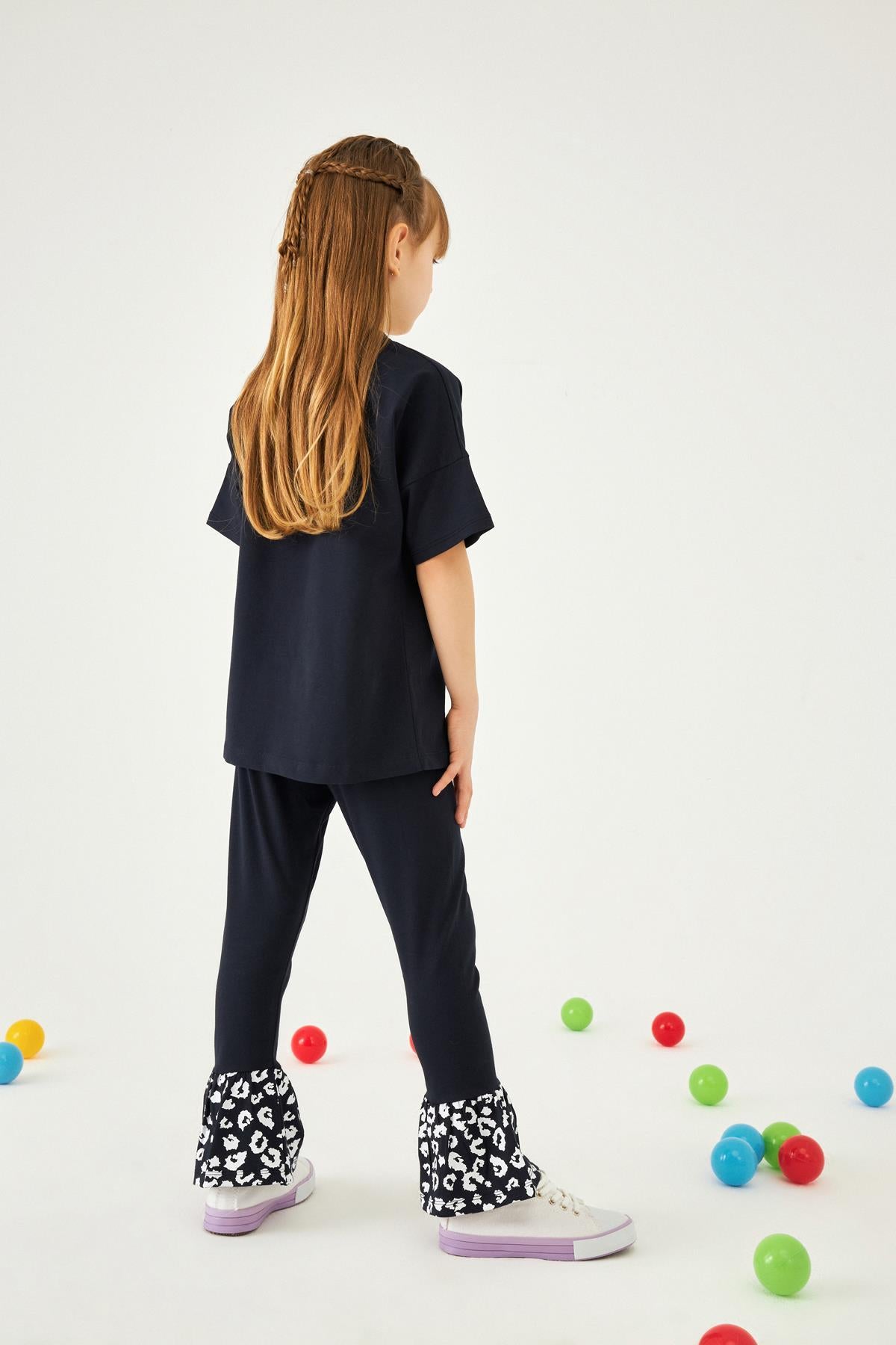 Paçası Fırfırlı Baskılı Kız Çocuk Taytlı Takım