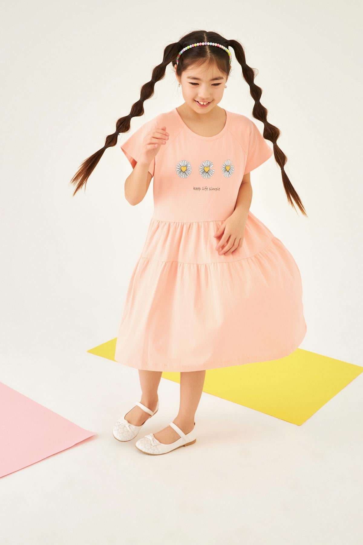 Papatya Baskılı Büzgülü Geniş Etekli Bisiklet Yaka Kız Çocuk Elbise