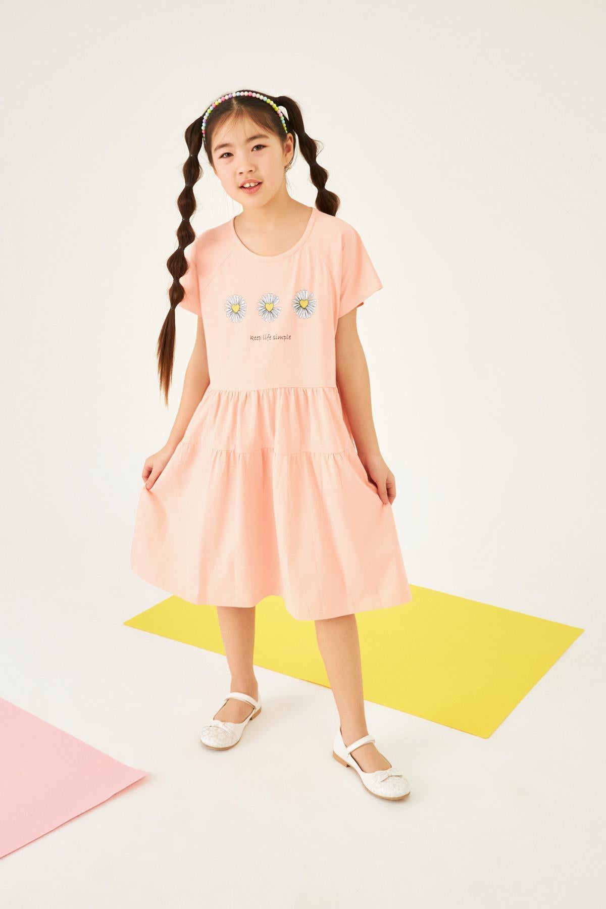 Papatya Baskılı Büzgülü Geniş Etekli Bisiklet Yaka Kız Çocuk Elbise