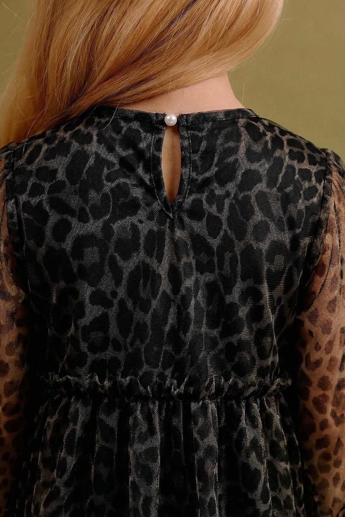 Kız Çocuk Leopar Desen Tül Elbise