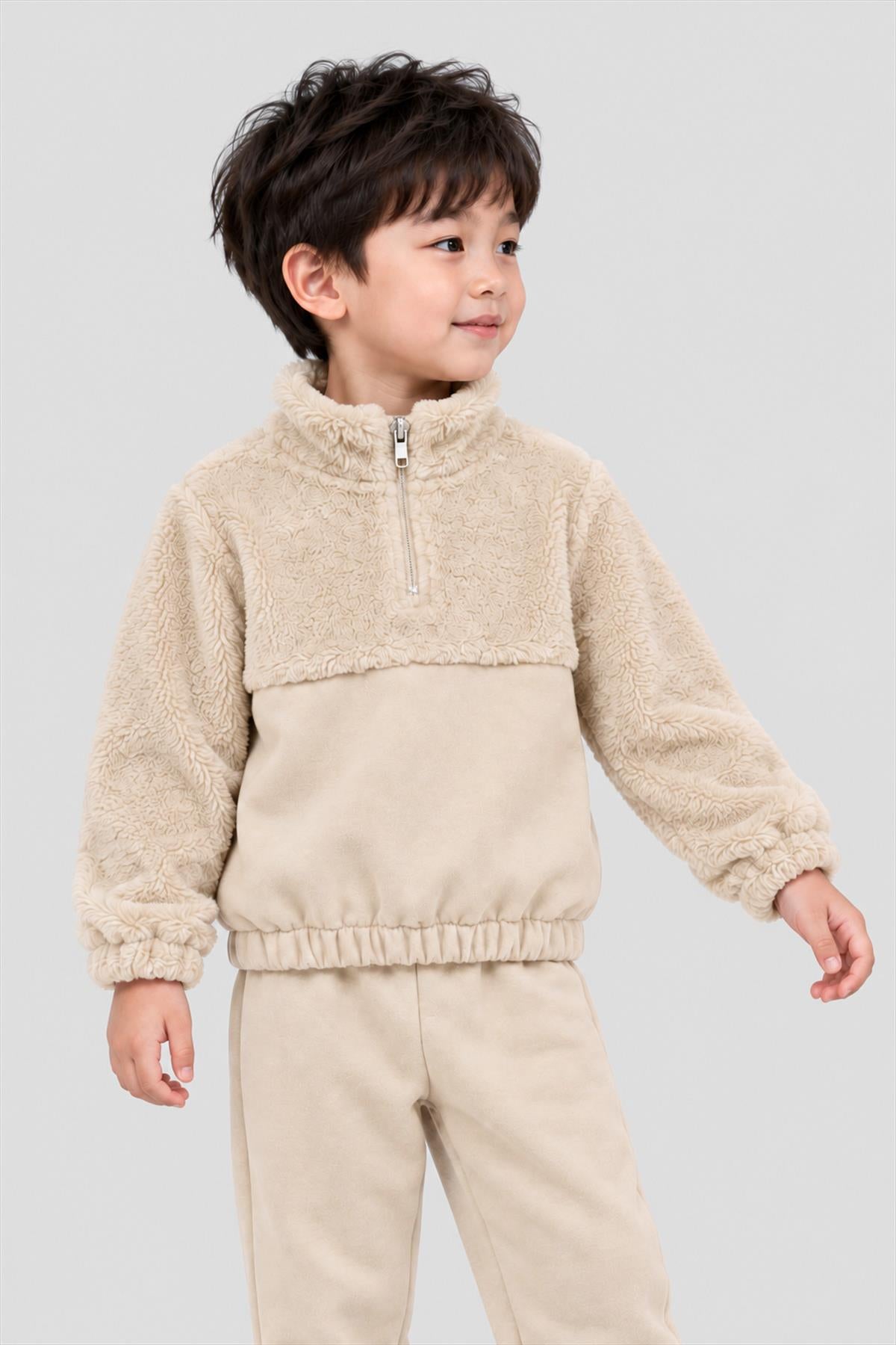 Unisex Çocuk Peluşlu Fermuarlı İçi Polarlı Eşofman Takımı