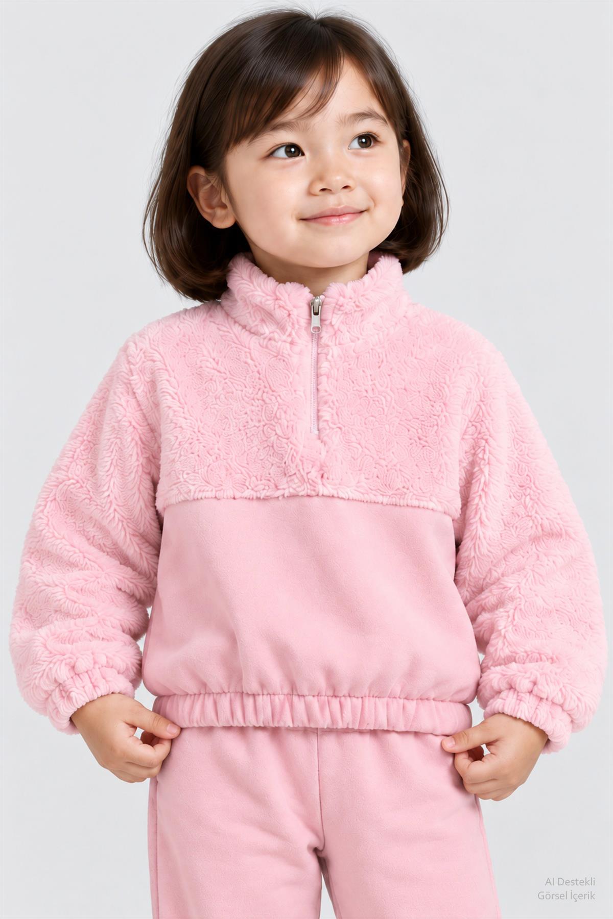 Unisex Çocuk Peluşlu Fermuarlı İçi Polarlı Eşofman Takımı