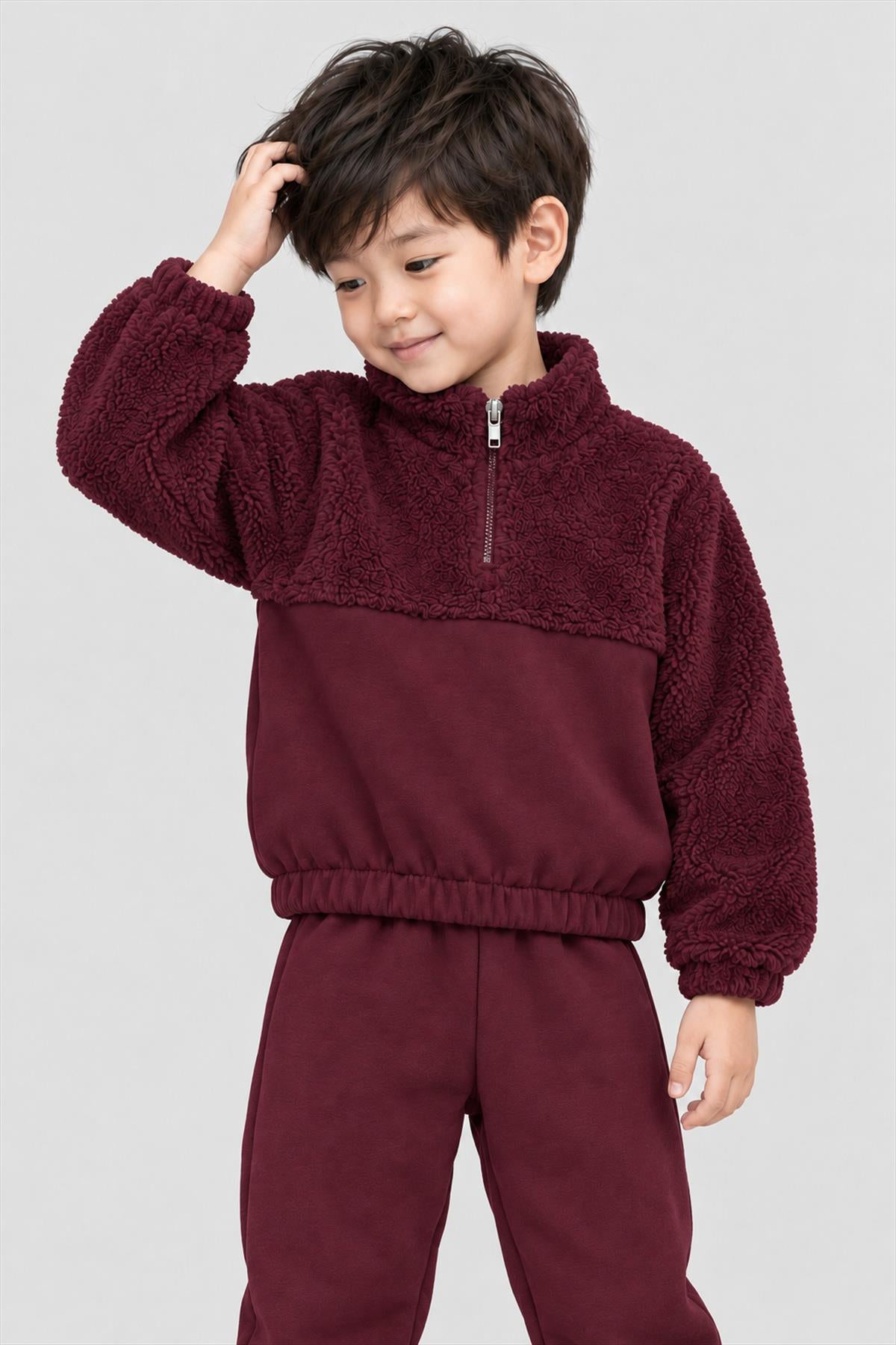 Unisex Çocuk Peluşlu Fermuarlı İçi Polarlı Eşofman Takımı