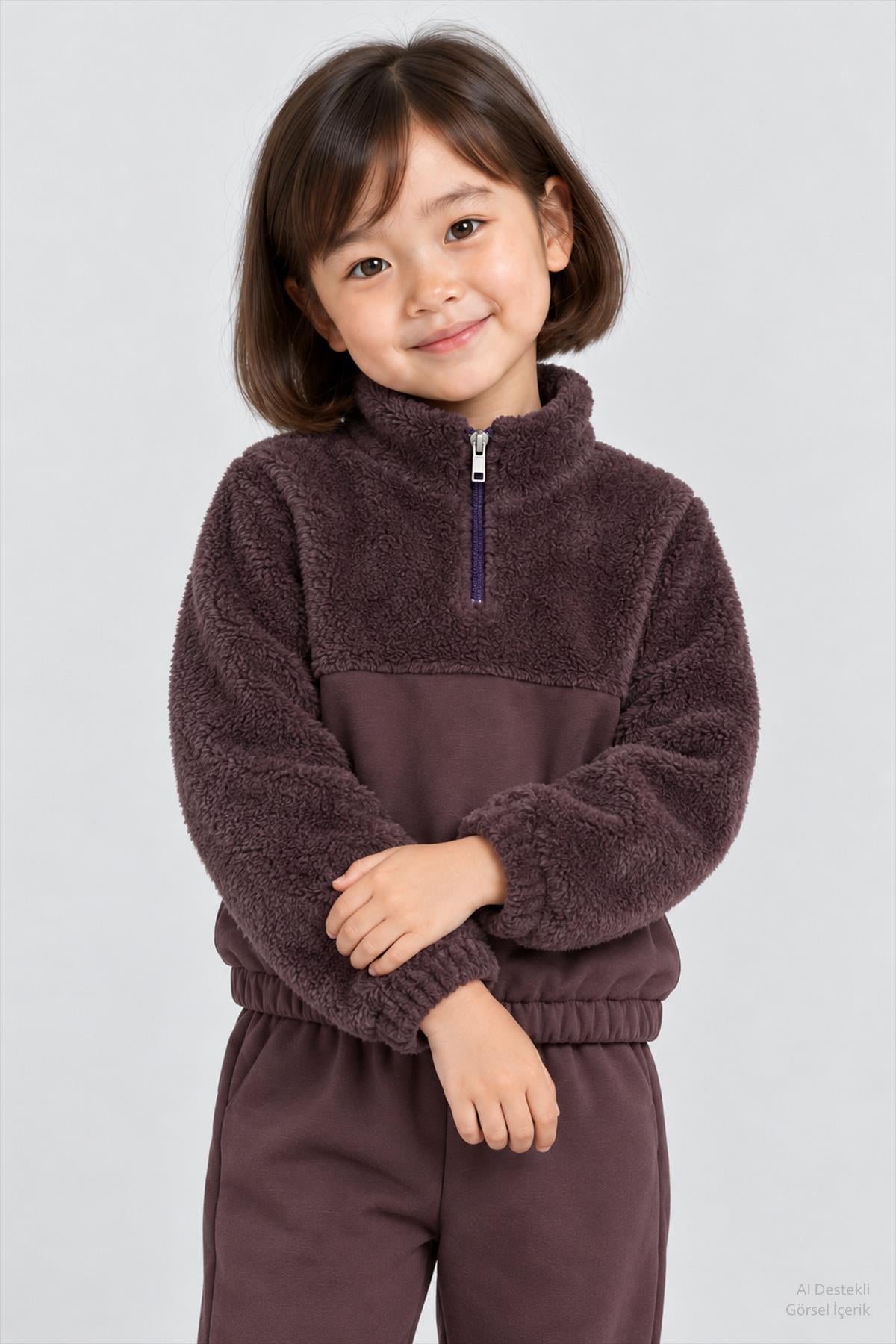 Unisex Çocuk Peluşlu Fermuarlı İçi Polarlı Eşofman Takımı