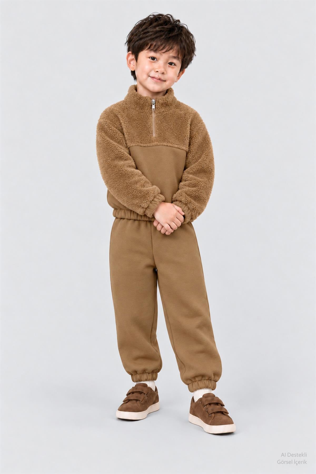 Unisex Çocuk Peluşlu Fermuarlı İçi Polarlı Eşofman Takımı