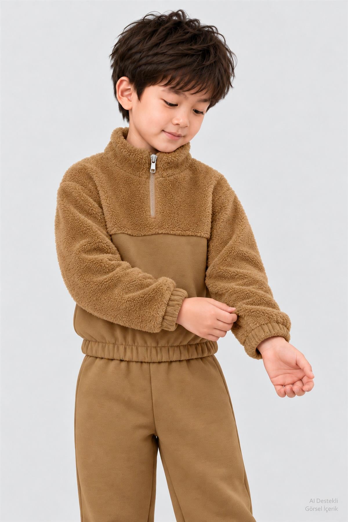 Unisex Çocuk Peluşlu Fermuarlı İçi Polarlı Eşofman Takımı