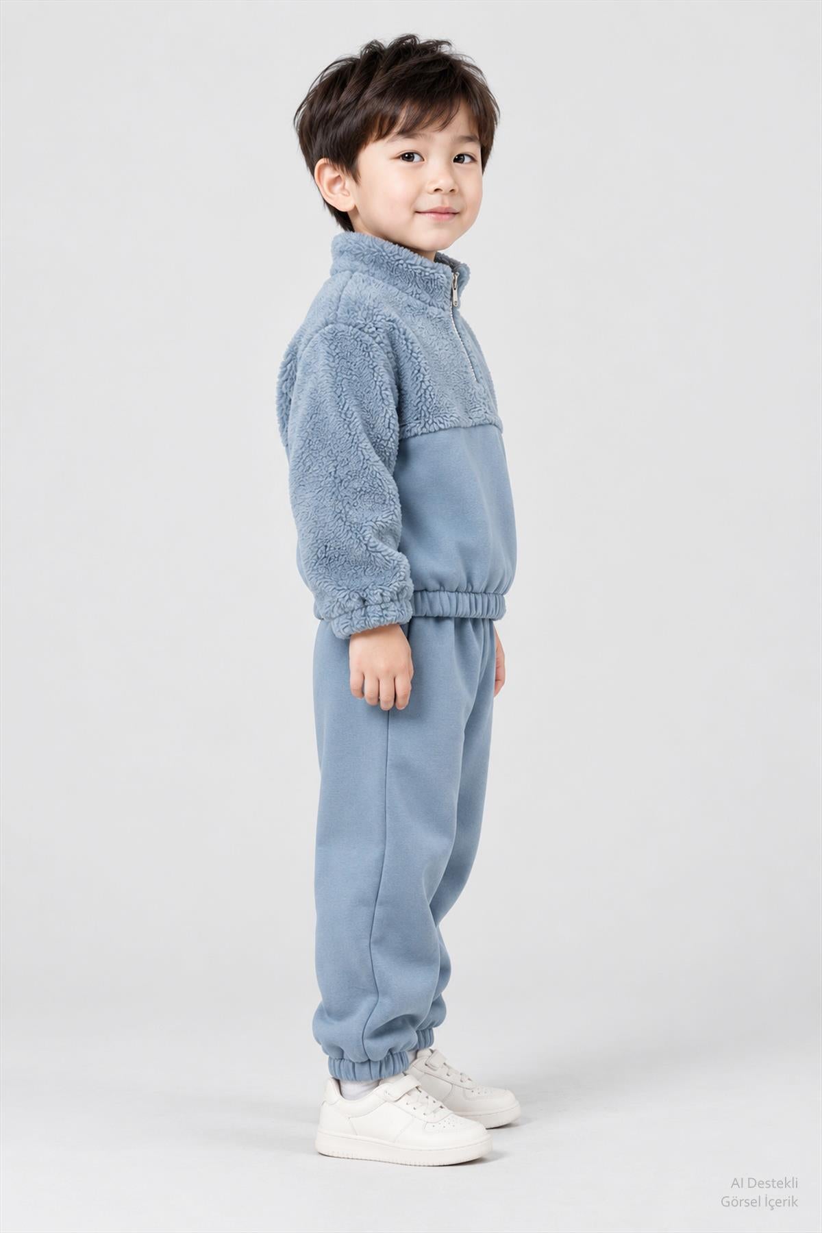 Unisex Çocuk Peluşlu Fermuarlı İçi Polarlı Eşofman Takımı