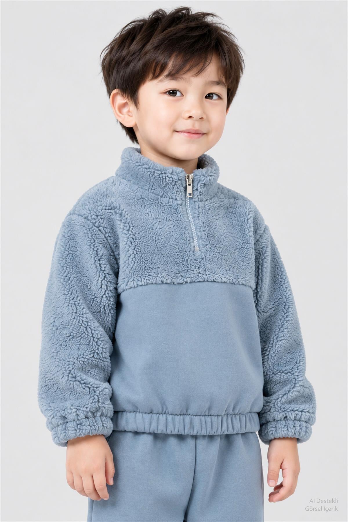 Unisex Çocuk Peluşlu Fermuarlı İçi Polarlı Eşofman Takımı