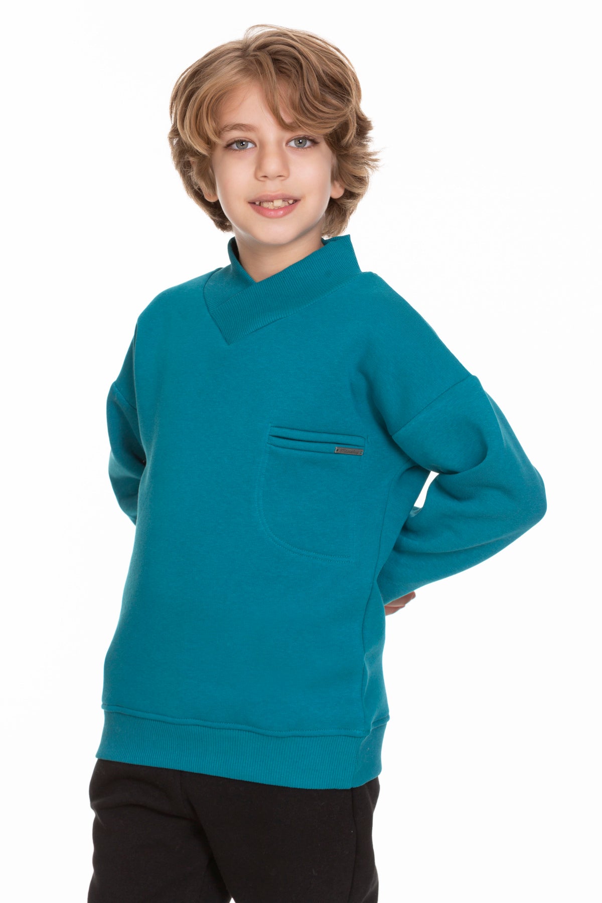 Cep Detaylı İçi Polarlı Erkek Çocuk Sweatshirt Petrol Mavisi