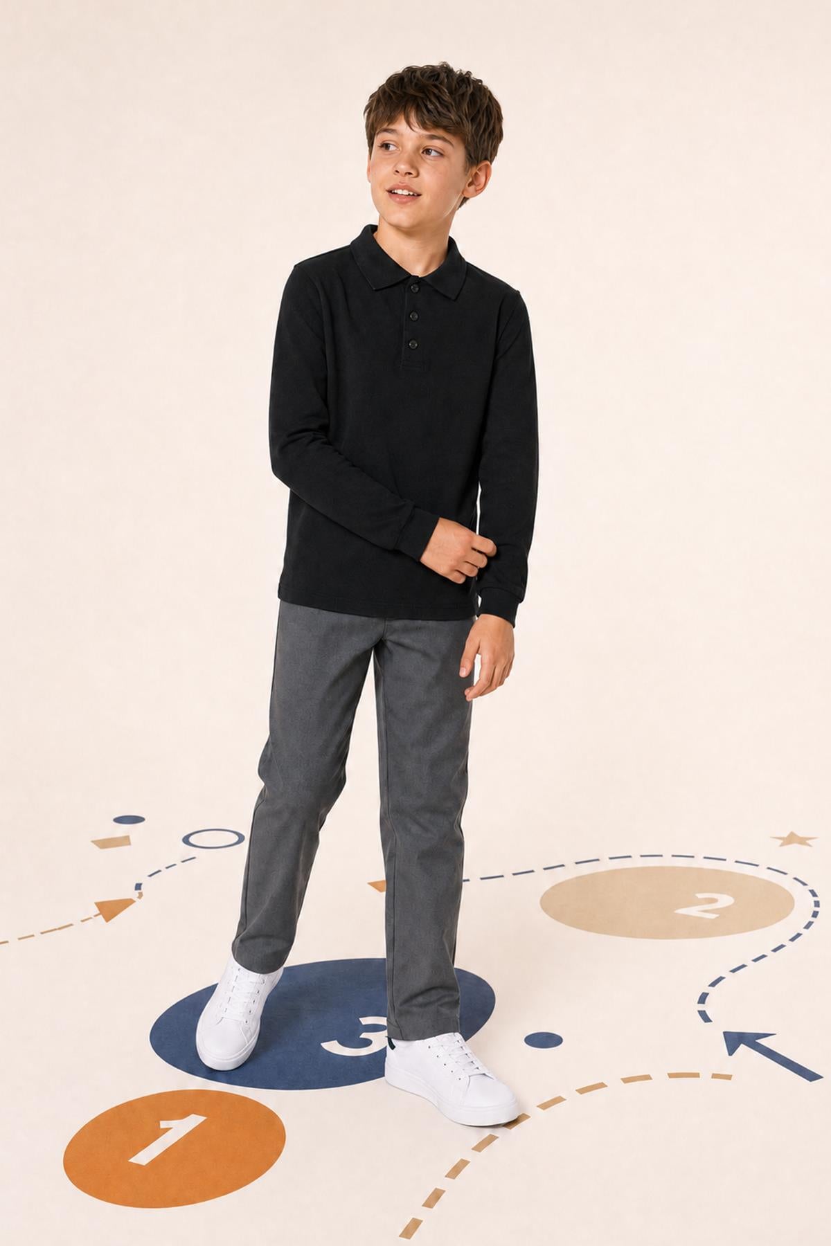 Unisex Çocuk 2'li Uzun Kollu Polo Yaka Okul Tişörtü