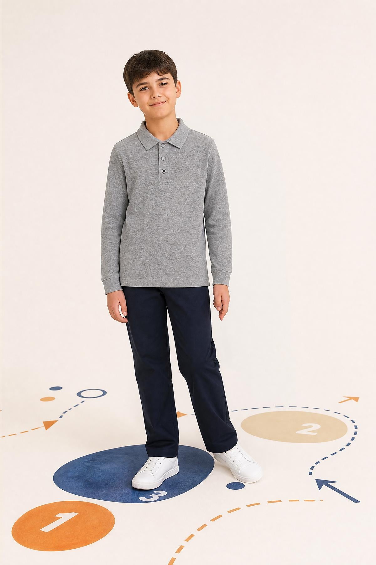 Unisex Çocuk 2'li Uzun Kollu Polo Yaka Okul Tişörtü