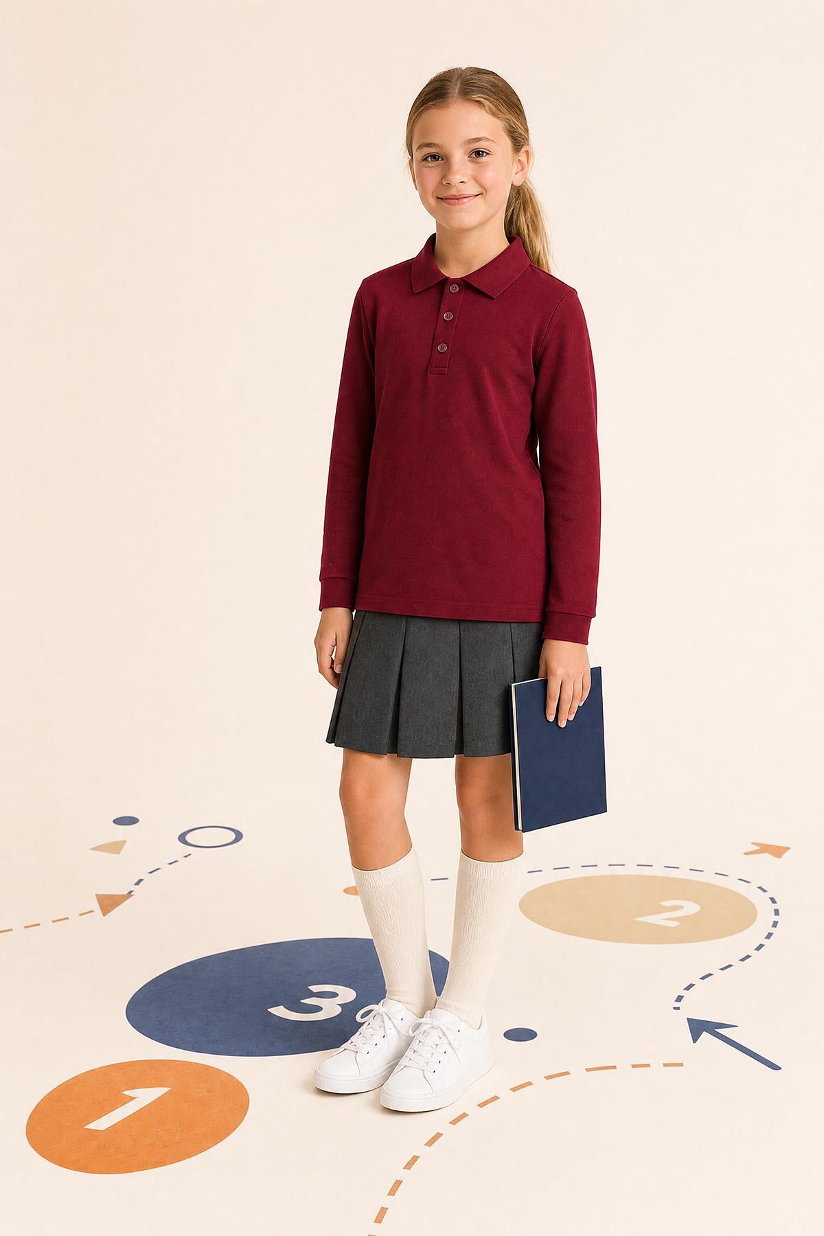 Unisex Çocuk 2'li Uzun Kollu Polo Yaka Okul Tişörtü