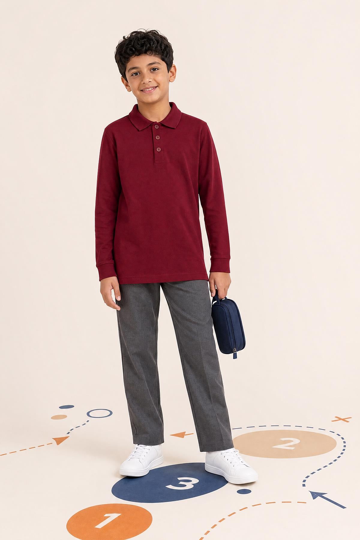 Unisex Çocuk 2'li Uzun Kollu Polo Yaka Okul Tişörtü