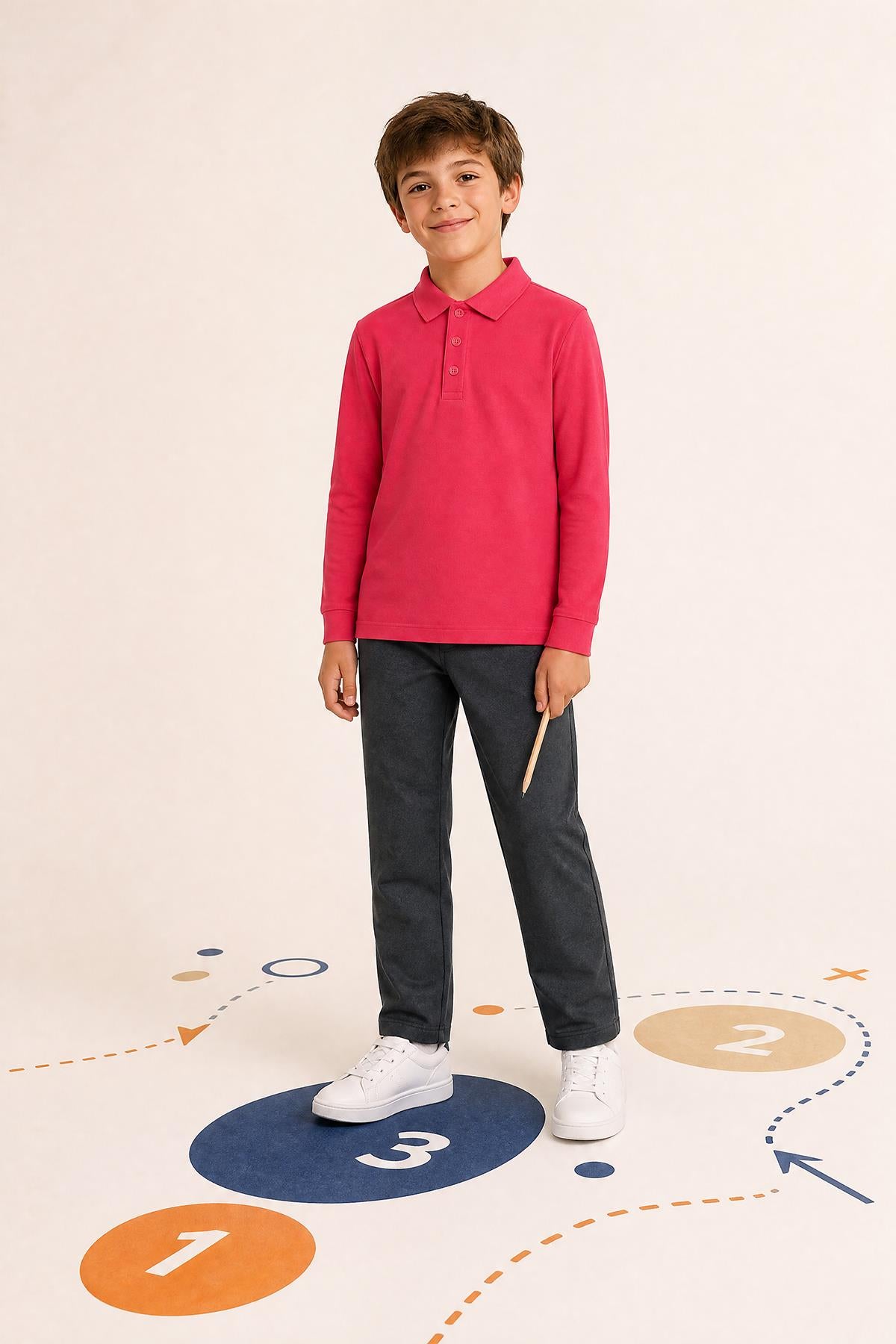Unisex Çocuk 2'li Uzun Kollu Polo Yaka Okul Tişörtü