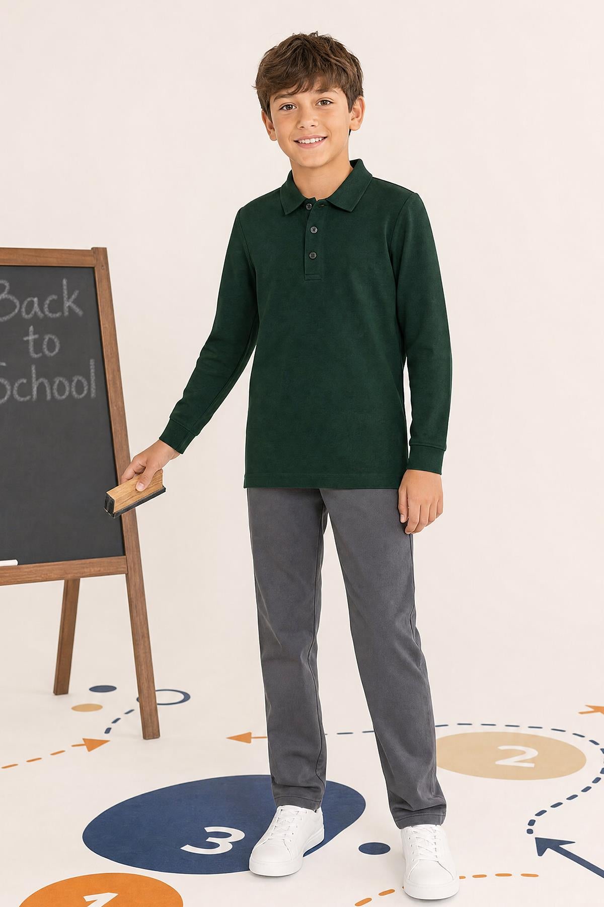 Unisex Çocuk 2'li Uzun Kollu Polo Yaka Okul Tişörtü