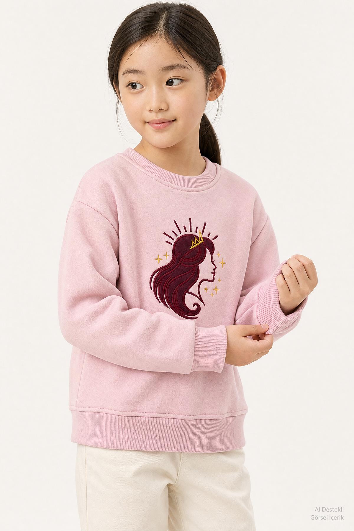 Kız Çocuk Aplike Nakışlı Bisiklet Yaka 2'li Sweatshirt