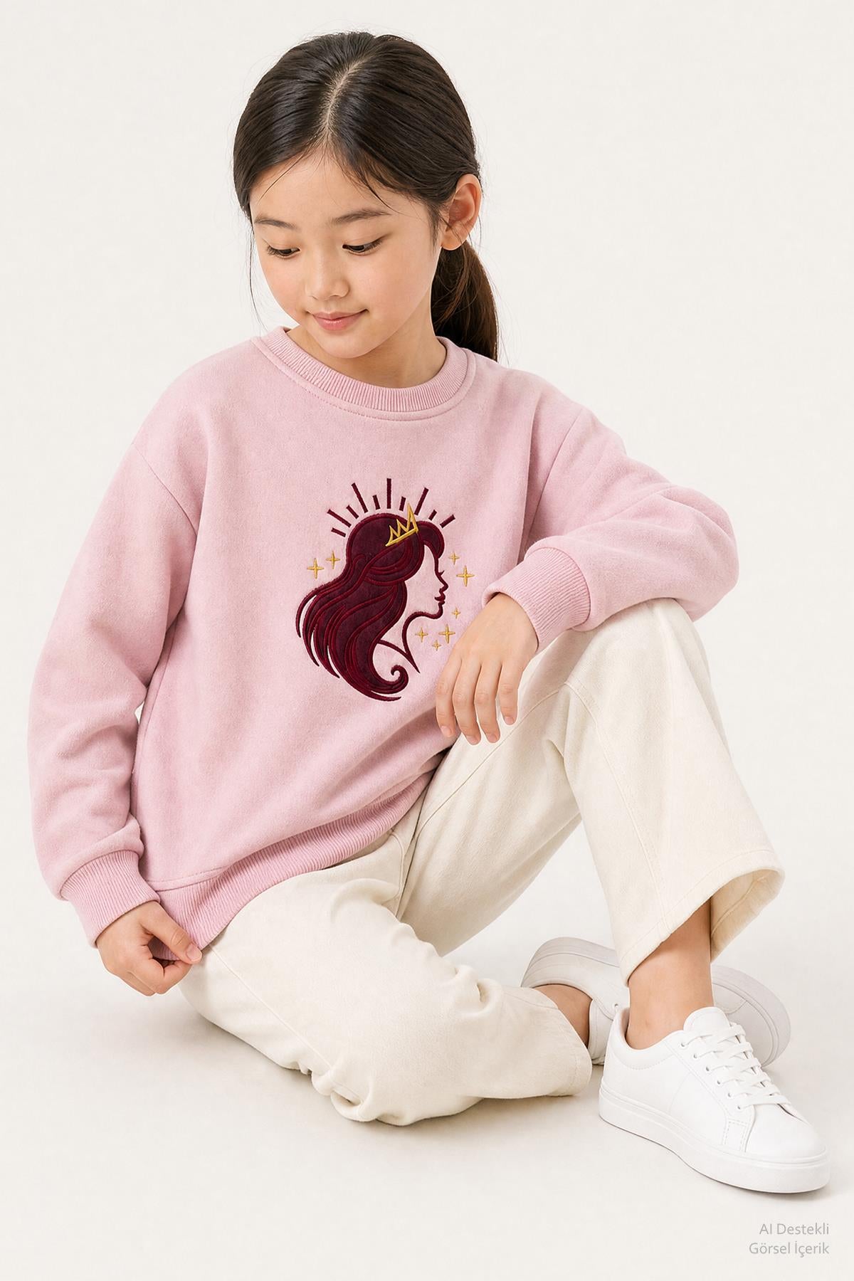 Kız Çocuk Aplike Nakışlı Bisiklet Yaka 2'li Sweatshirt