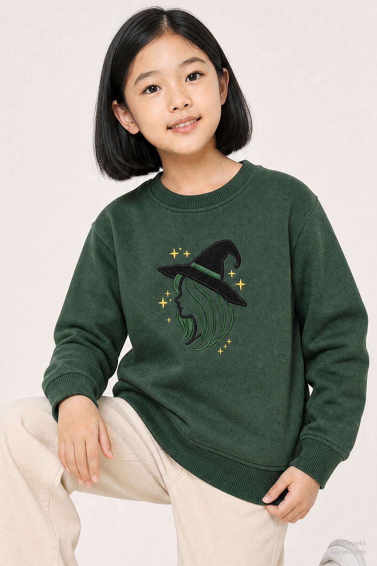Kız Çocuk Aplike Nakışlı Bisiklet Yaka 2'li Sweatshirt