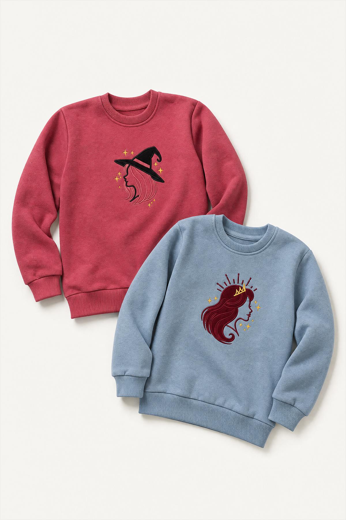 Kız Çocuk Aplike Nakışlı Bisiklet Yaka 2'li Sweatshirt