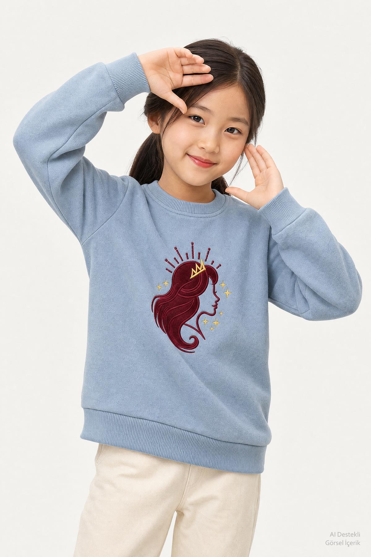 Kız Çocuk Aplike Nakışlı Bisiklet Yaka 2'li Sweatshirt