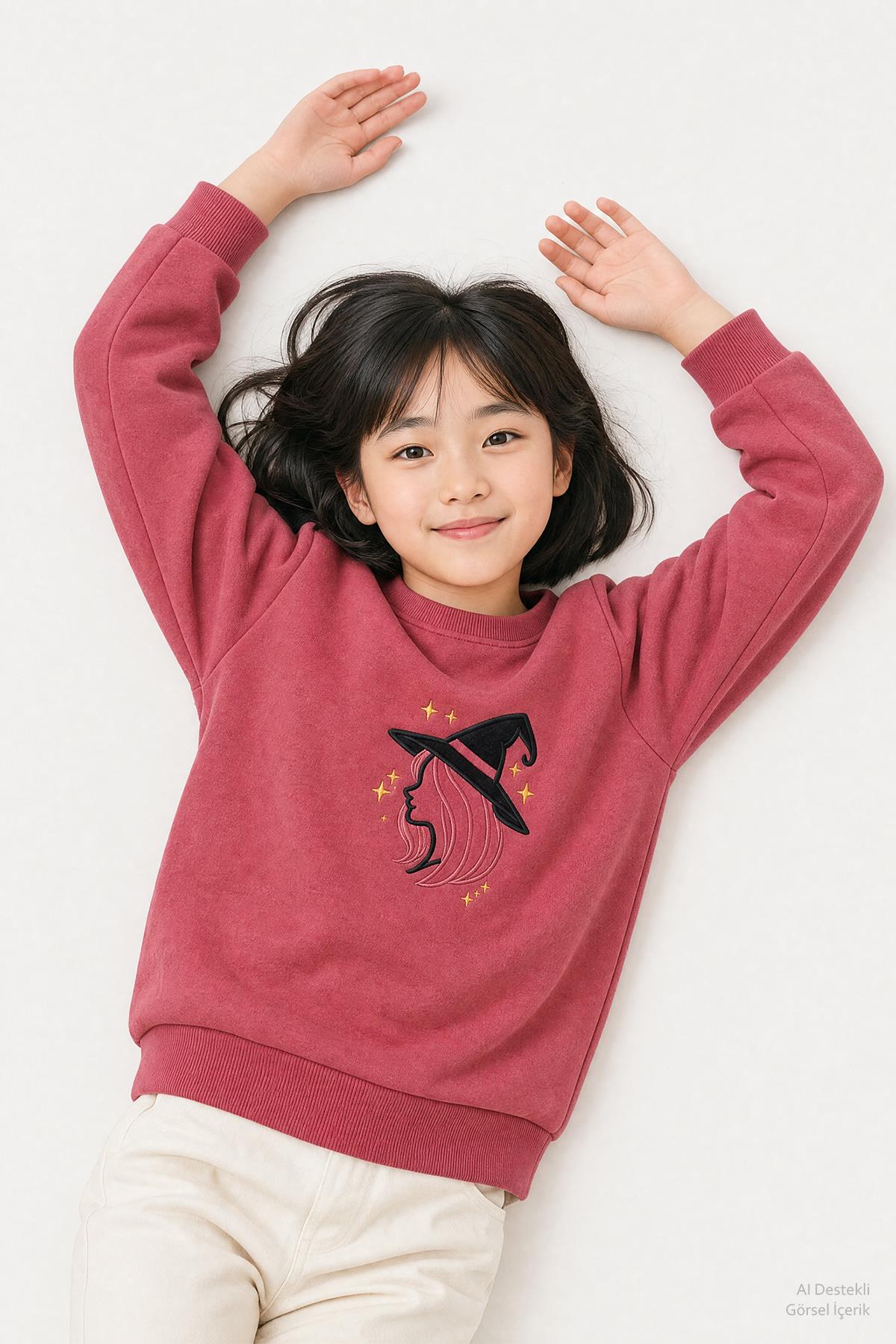 Kız Çocuk Aplike Nakışlı Bisiklet Yaka 2'li Sweatshirt
