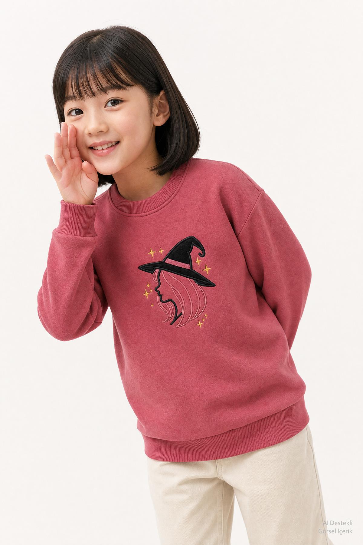 Kız Çocuk Aplike Nakışlı Bisiklet Yaka 2'li Sweatshirt