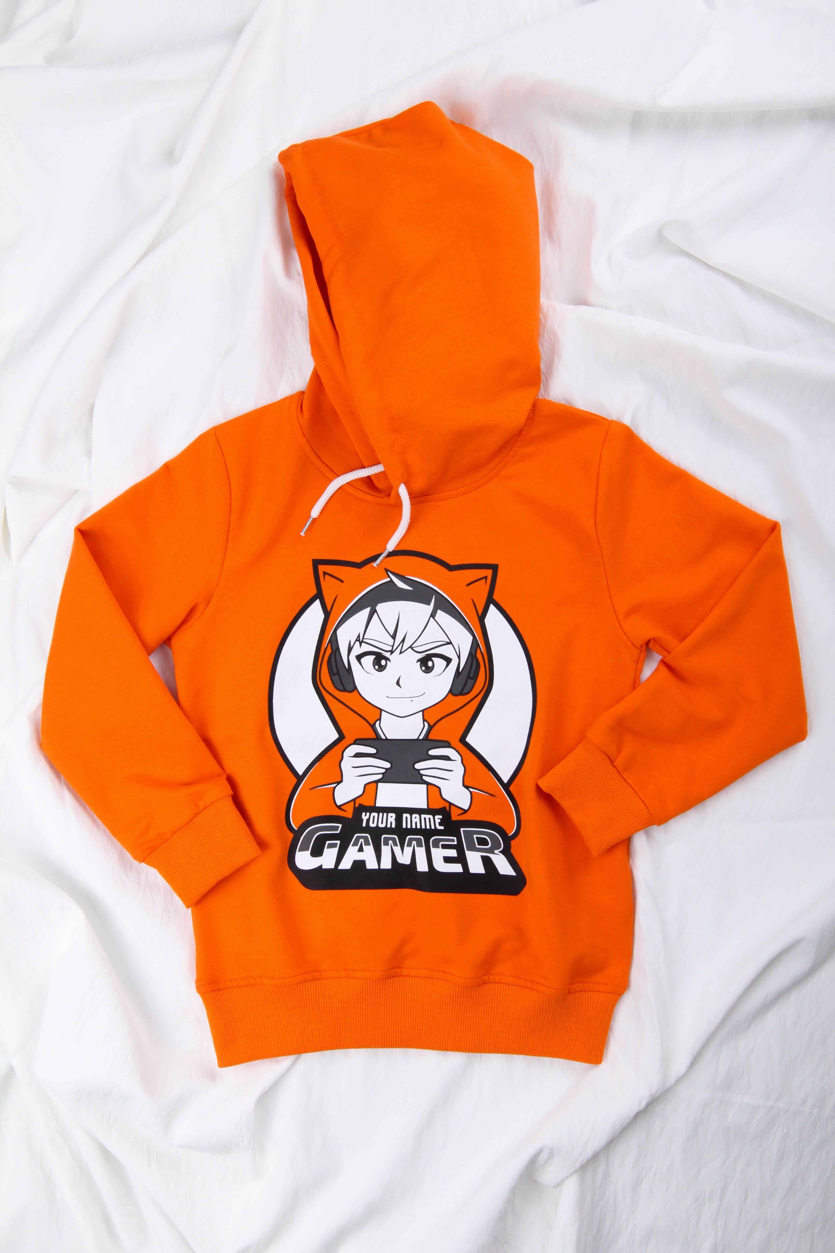 Rahat Kesim Kapüşonlu Gamer Baskılı Sweatshirt Turuncu