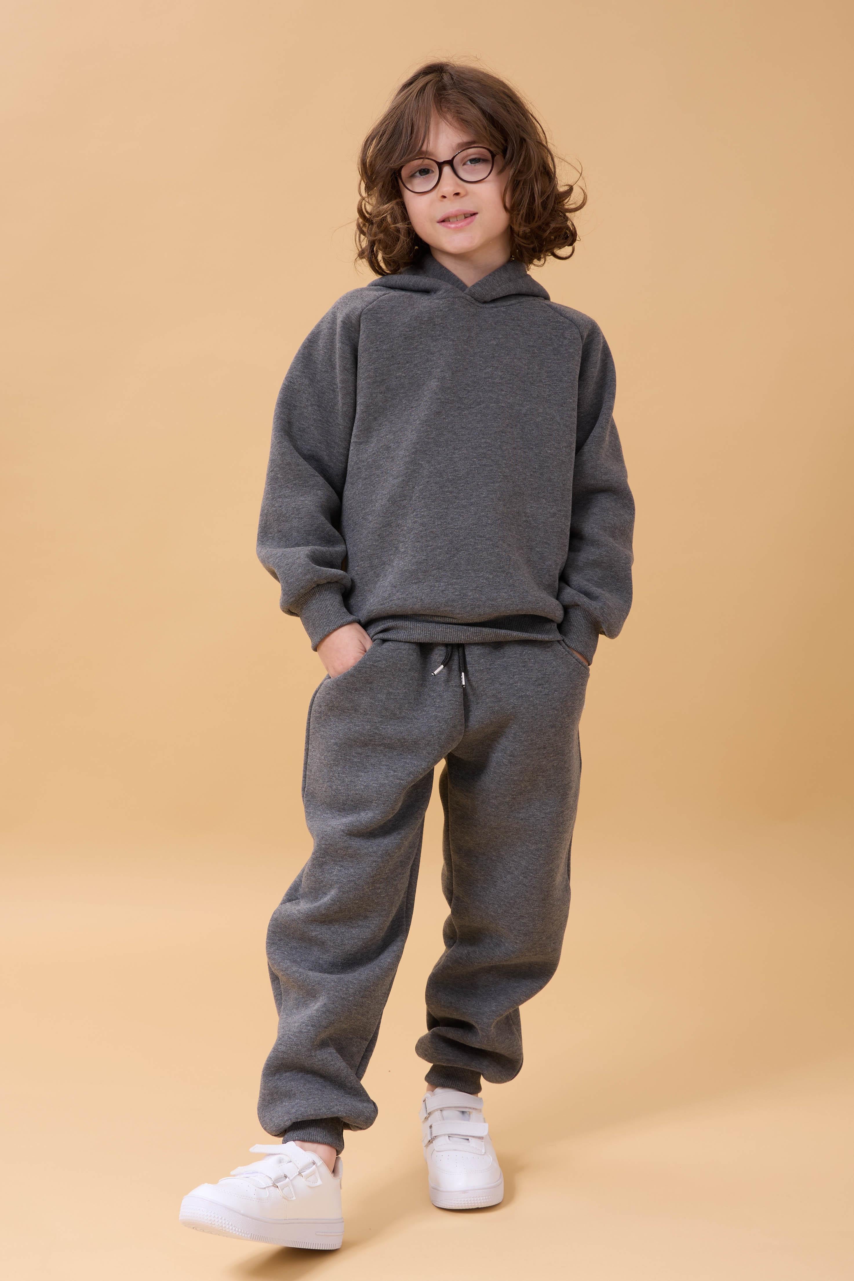 Reglan Kol Kapüşonlu İçi Polarlı Unisex Çocuk Takım Antrasit