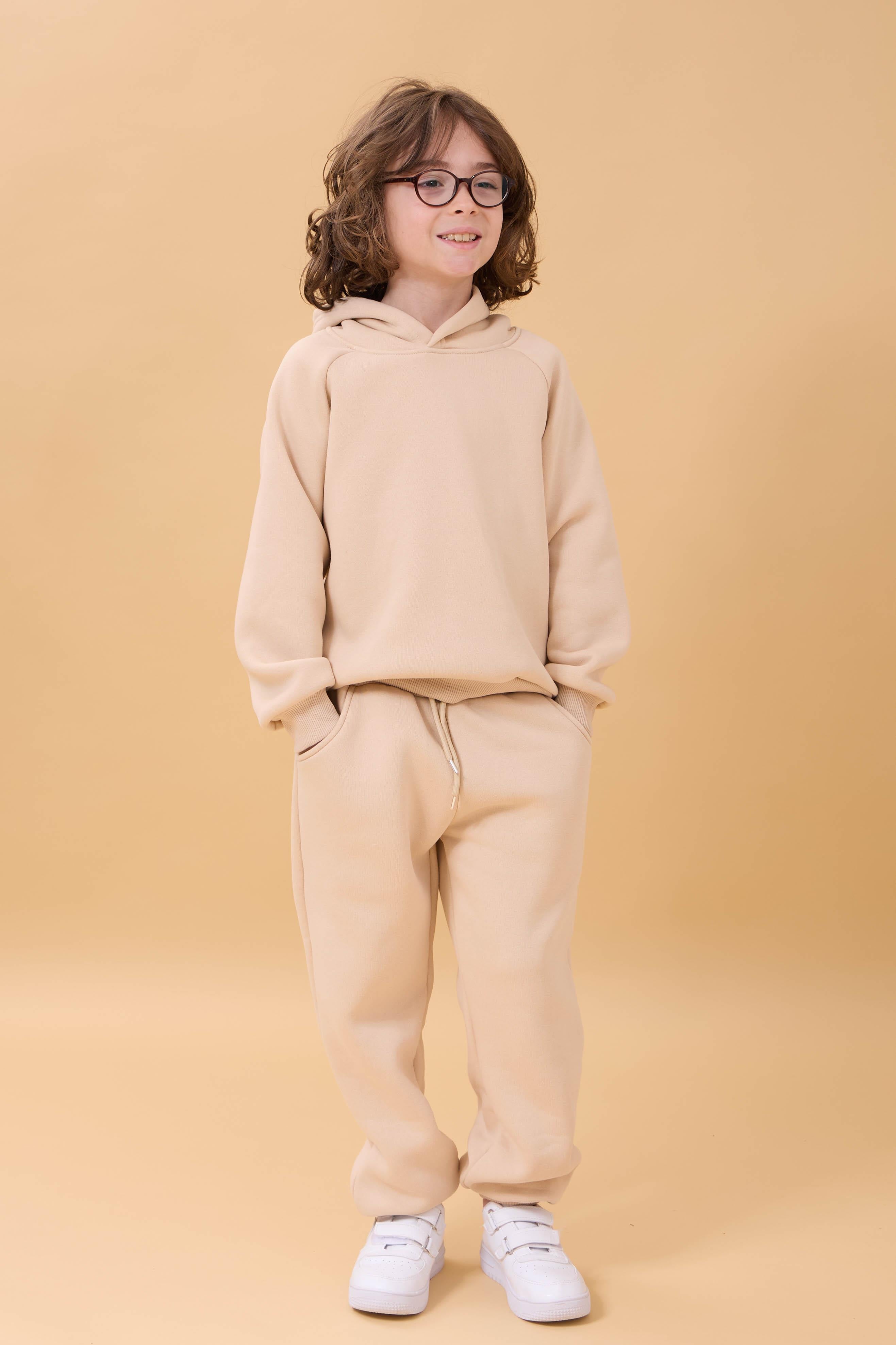 Reglan Kol Kapüşonlu İçi Polarlı Unisex Çocuk Takım Bej