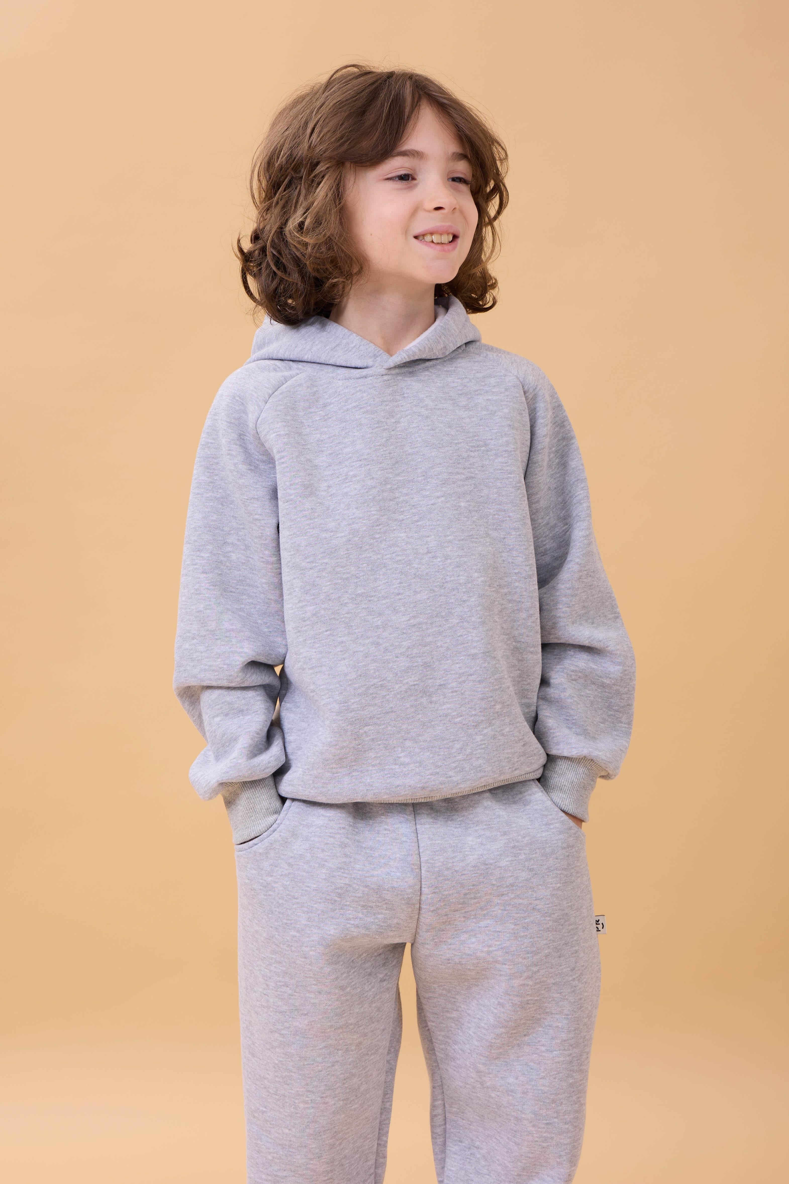 Reglan Kol Kapüşonlu İçi Polarlı Unisex Çocuk Takım Gri