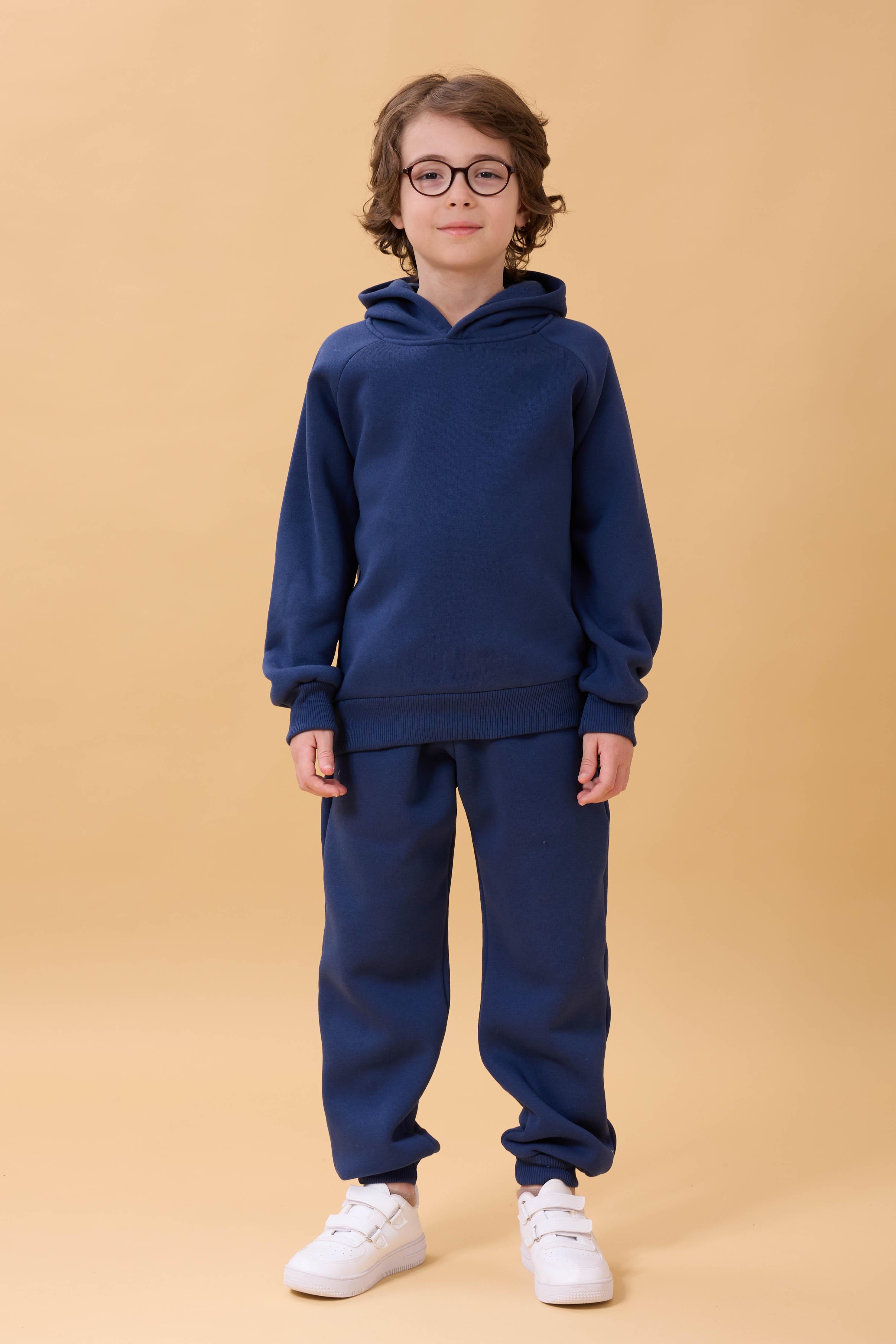 Reglan Kol Kapüşonlu İçi Polarlı Unisex Çocuk Takım İndigo