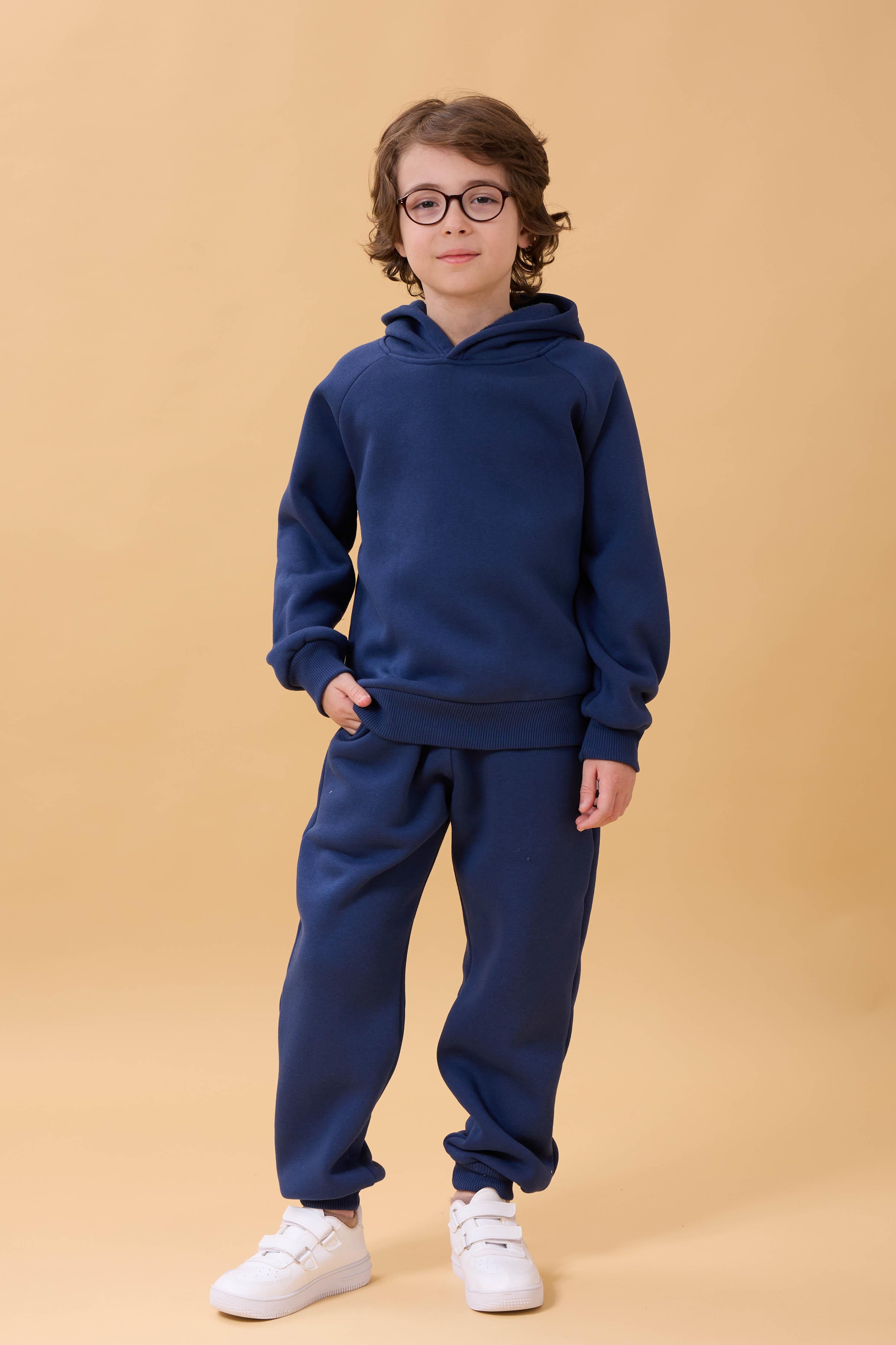 Reglan Kol Kapüşonlu İçi Polarlı Unisex Çocuk Takım İndigo