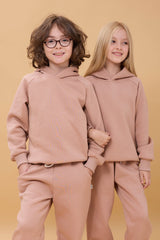 Reglan Kol Kapüşonlu İçi Polarlı Unisex Çocuk Takım Kahverengi
