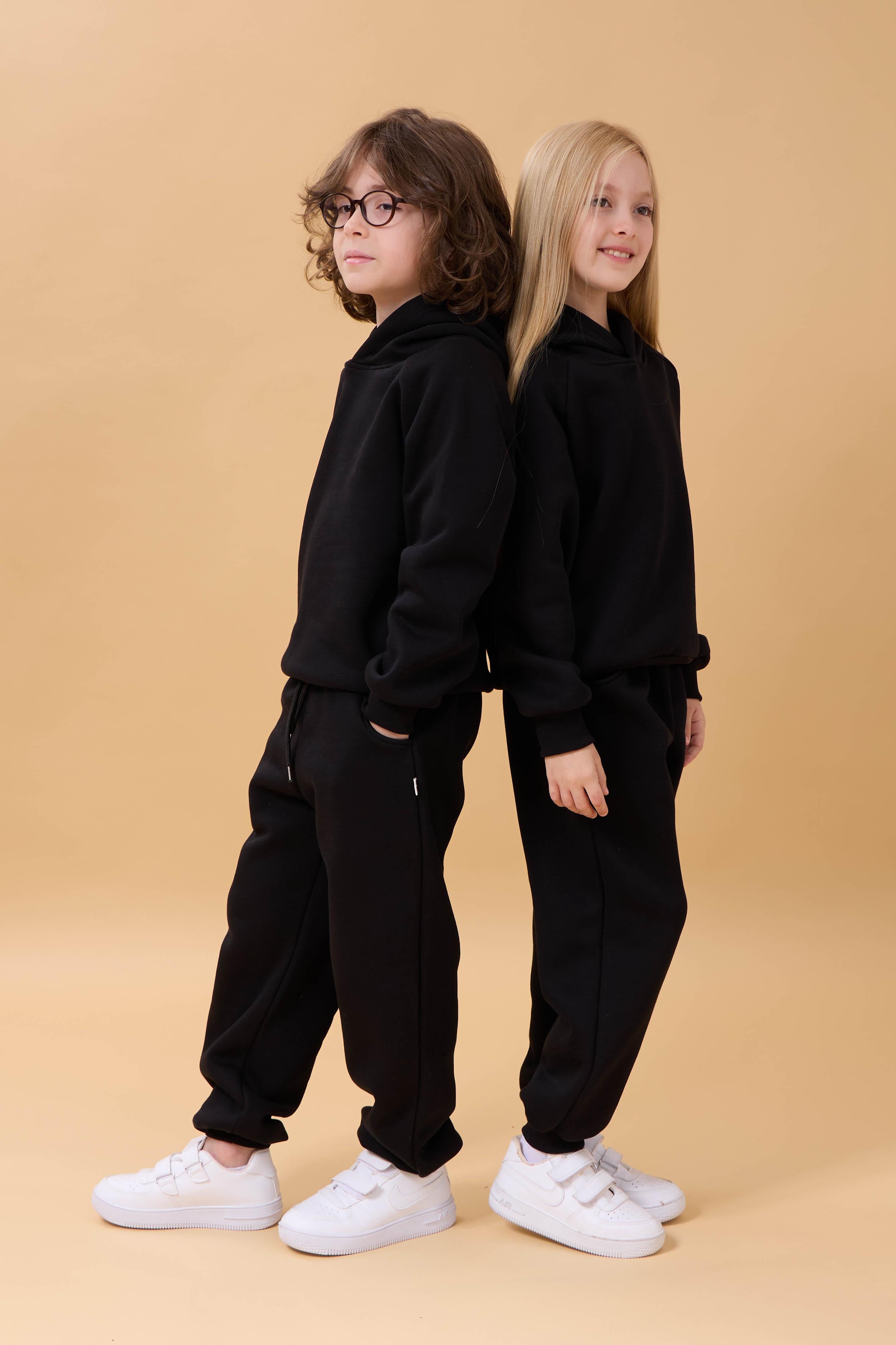 Reglan Kol Kapüşonlu İçi Polarlı Unisex Çocuk Takım Siyah