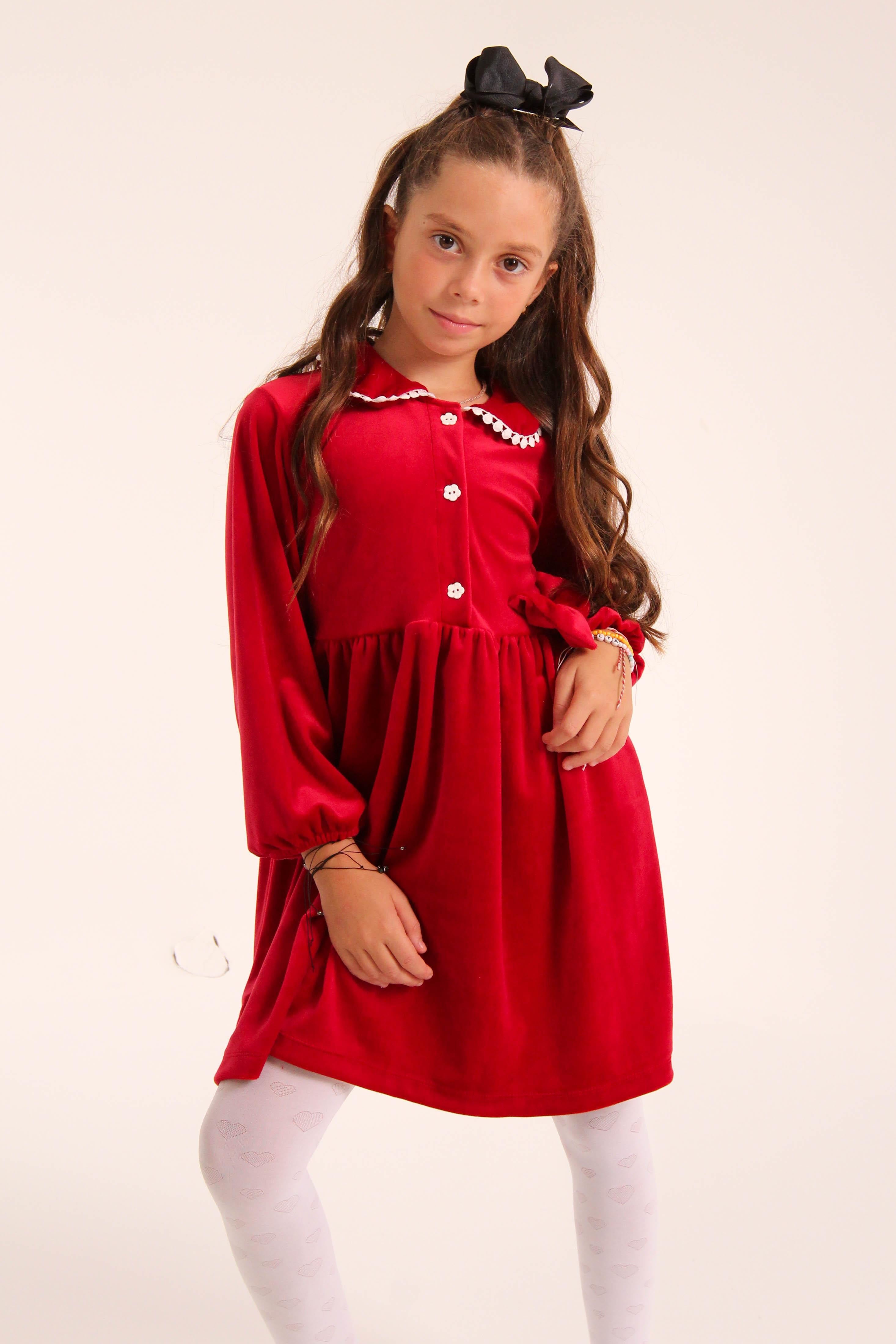 Şık Kadife Düğmeli Elbise Kız Çocuk