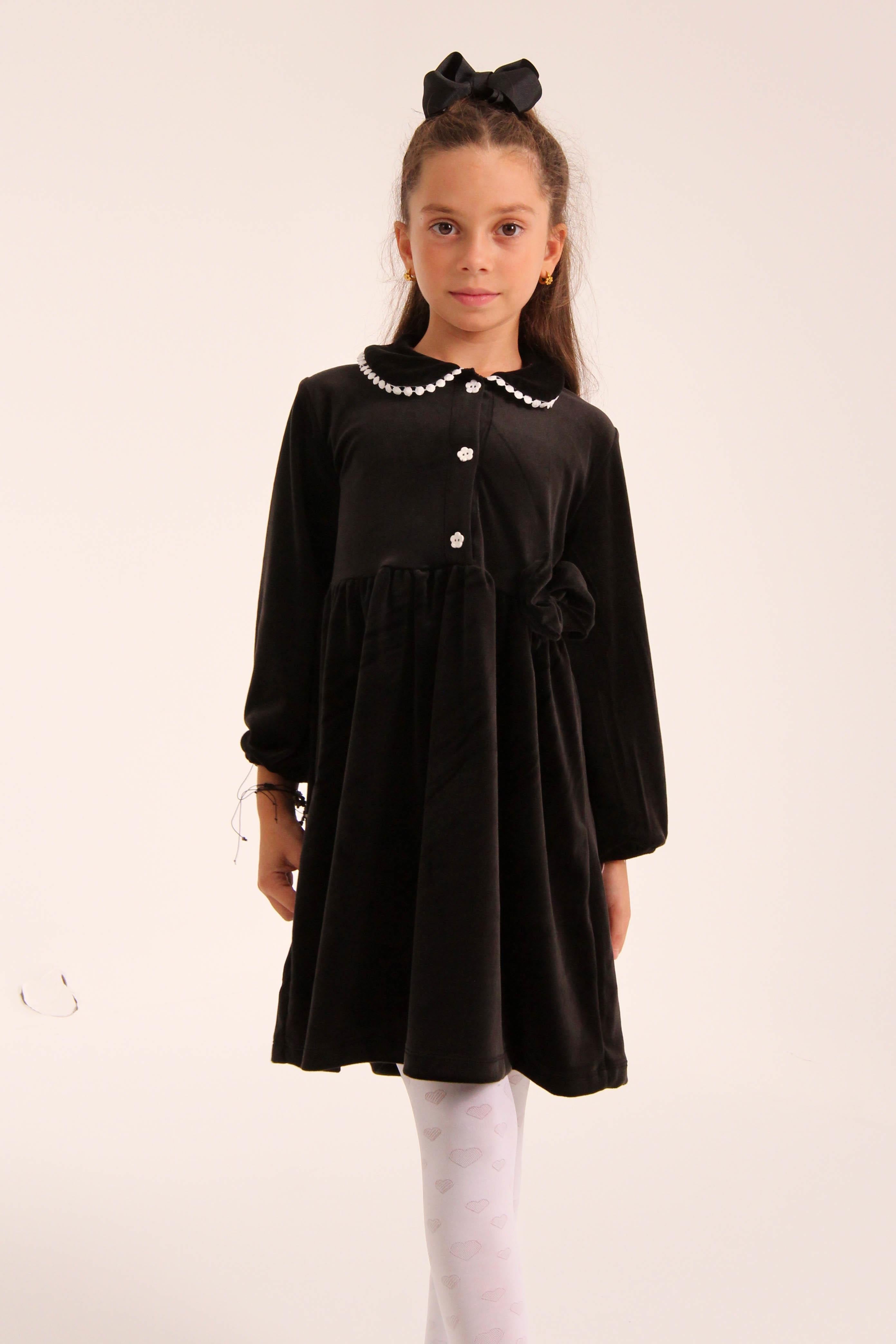 Şık Kadife Düğmeli Elbise Kız Çocuk