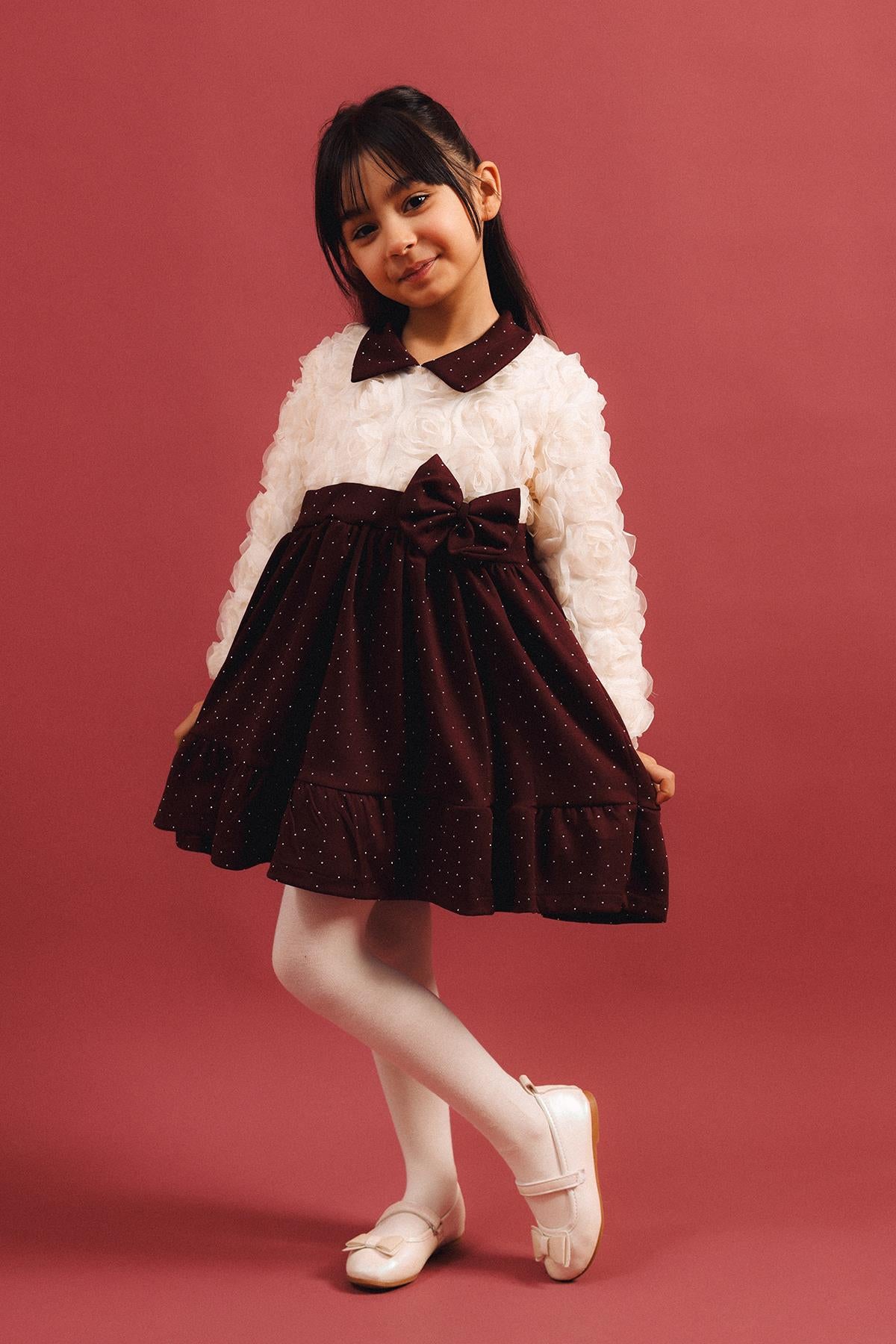 Kız Çocuk Yakalı Gül Dokulu Pamuk Astarlı Özel Gün Elbisesi