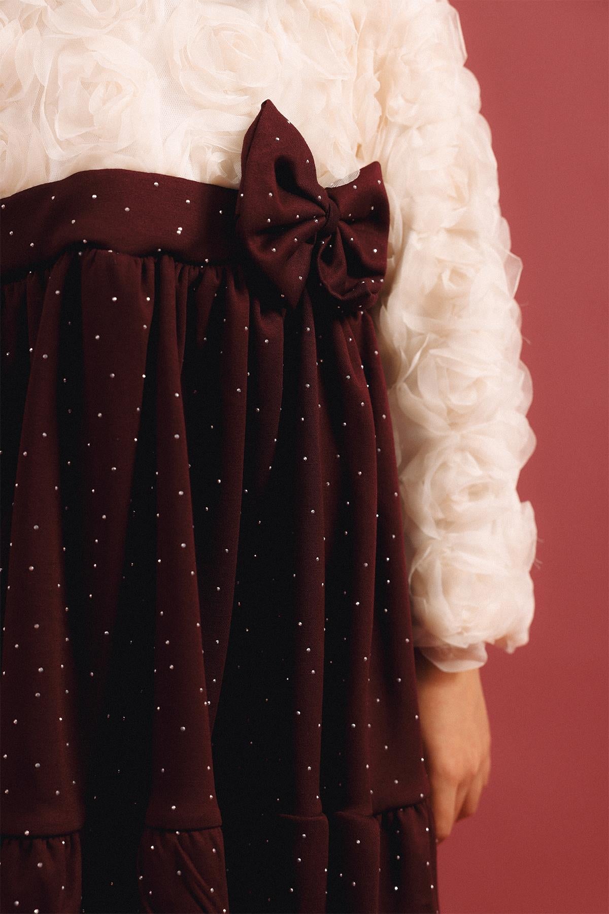 Kız Çocuk Yakalı Gül Dokulu Pamuk Astarlı Özel Gün Elbisesi