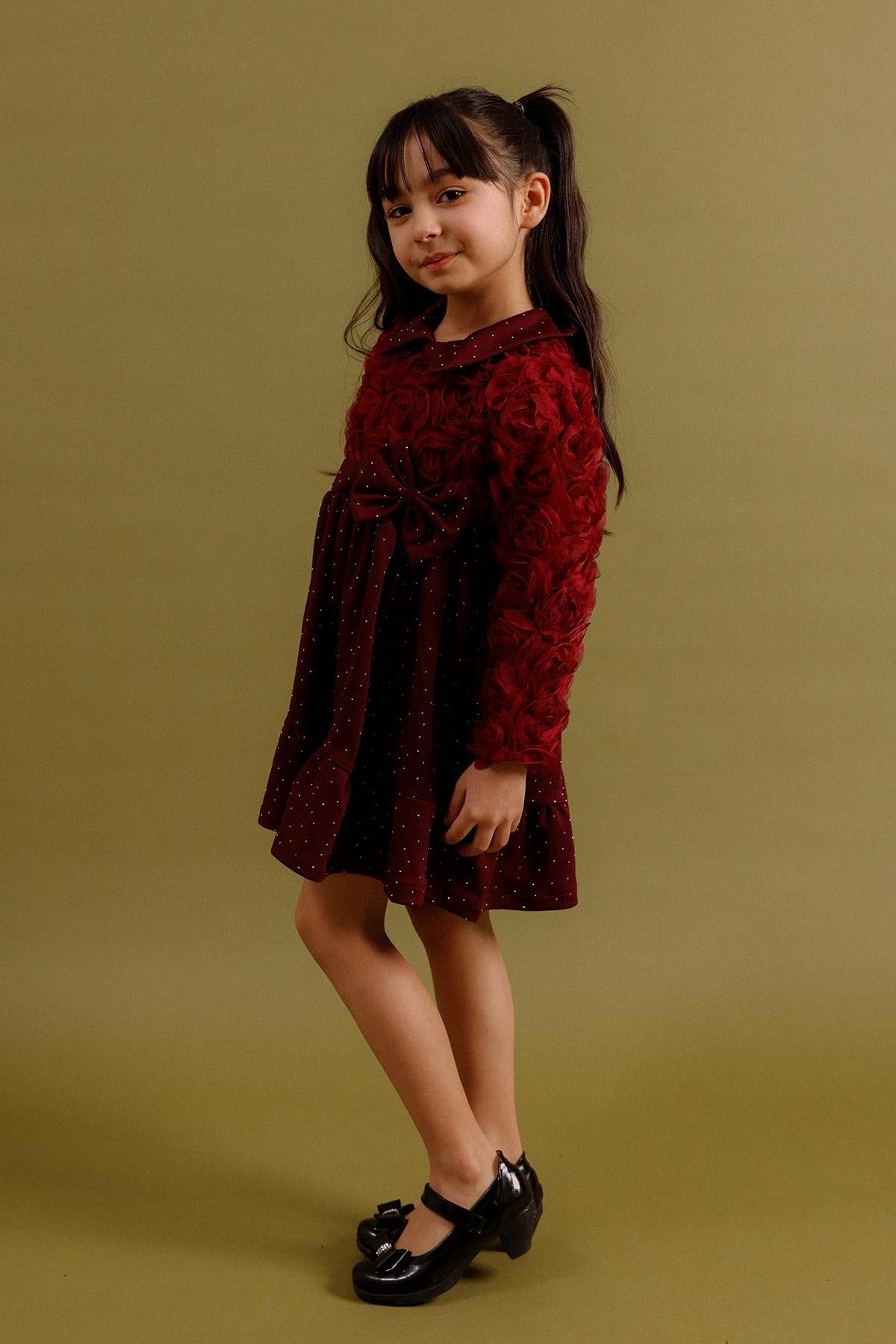 Kız Çocuk Yakalı Gül Dokulu Pamuk Astarlı Özel Gün Elbisesi