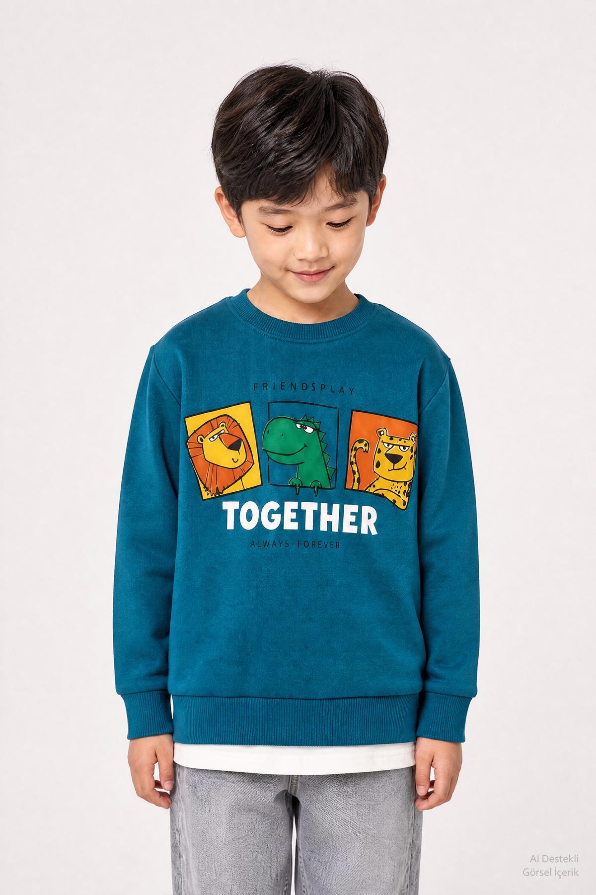 Erkek Çocuk Baskılı Bisiklet Yaka 2'li Sweatshirt
