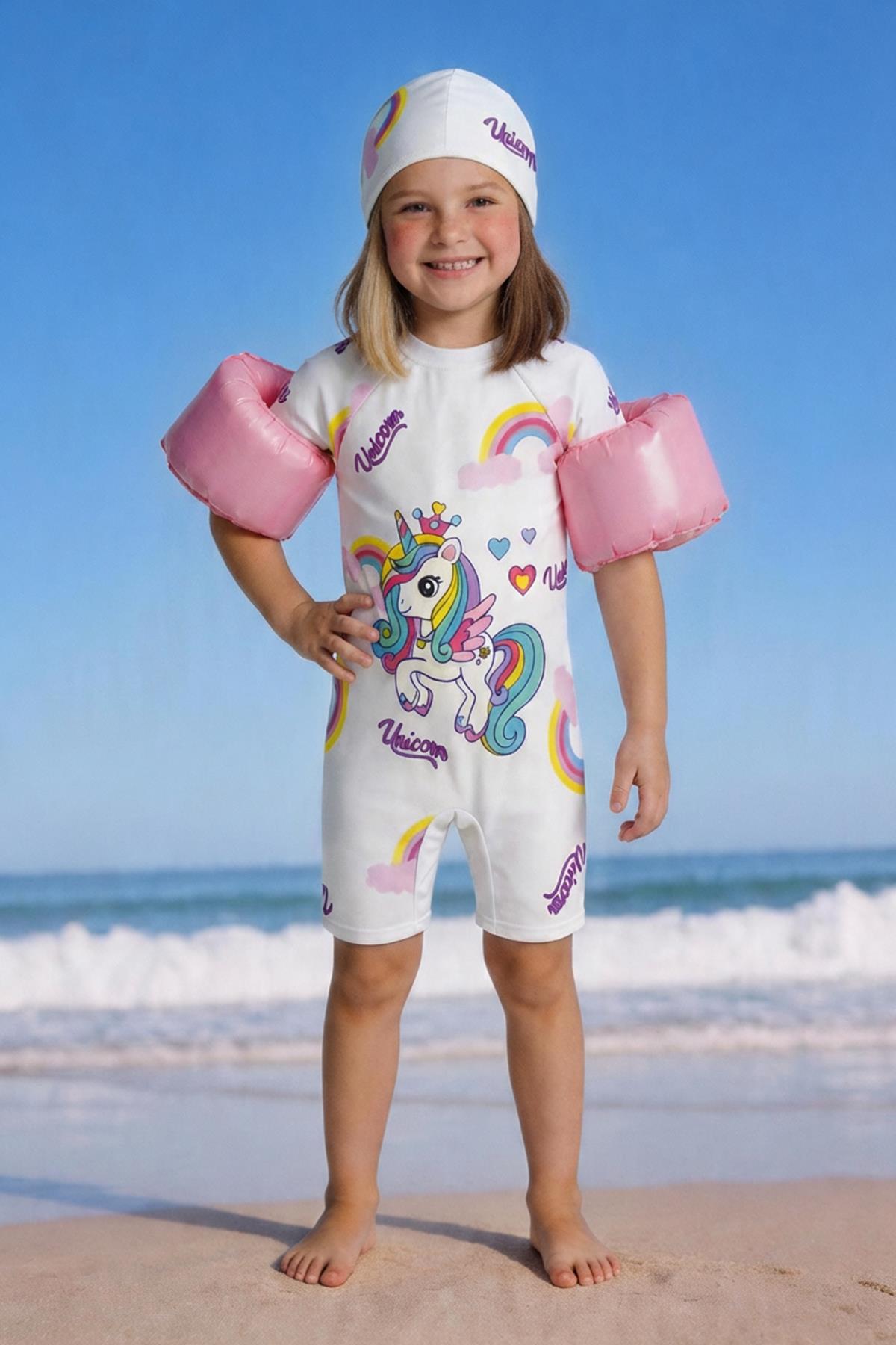 Unicorn Baskılı Kız Çocuk Tulum Mayo